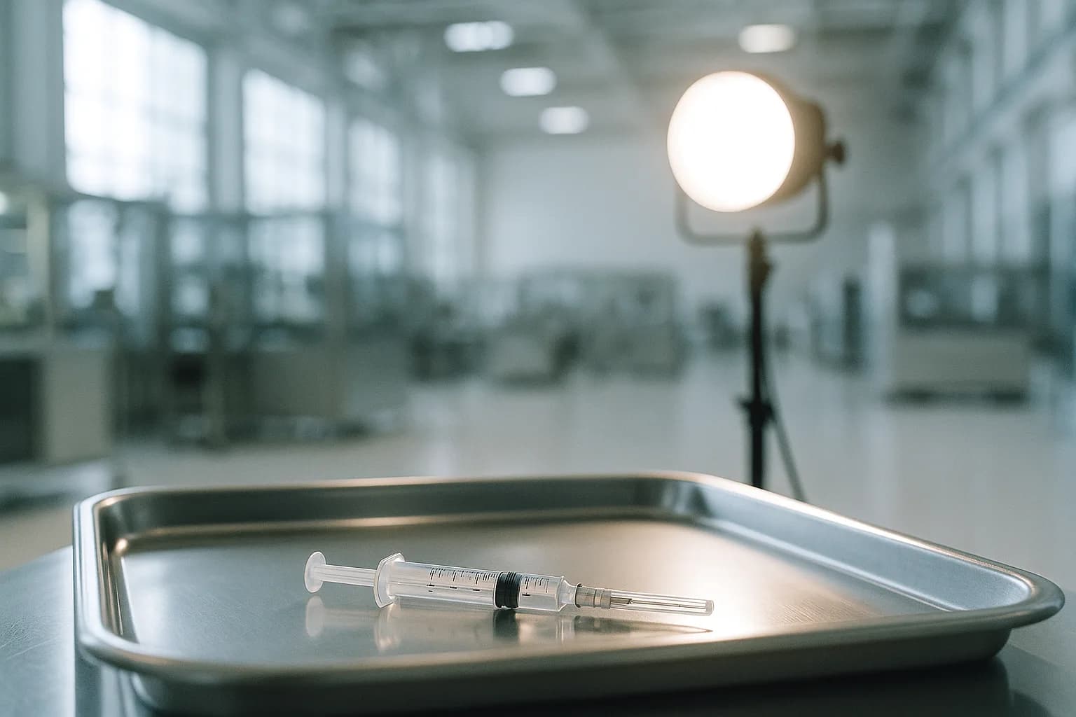 Une seringue préremplie posée seule sur un plateau d'acier dans une salle d'usine pharmaceutique claire, un grand projecteur de scène allumé au fond braqué sur elle comme pour une allocution officielle, métaphore d'un produit hospitalier mis en lumière par un récit public