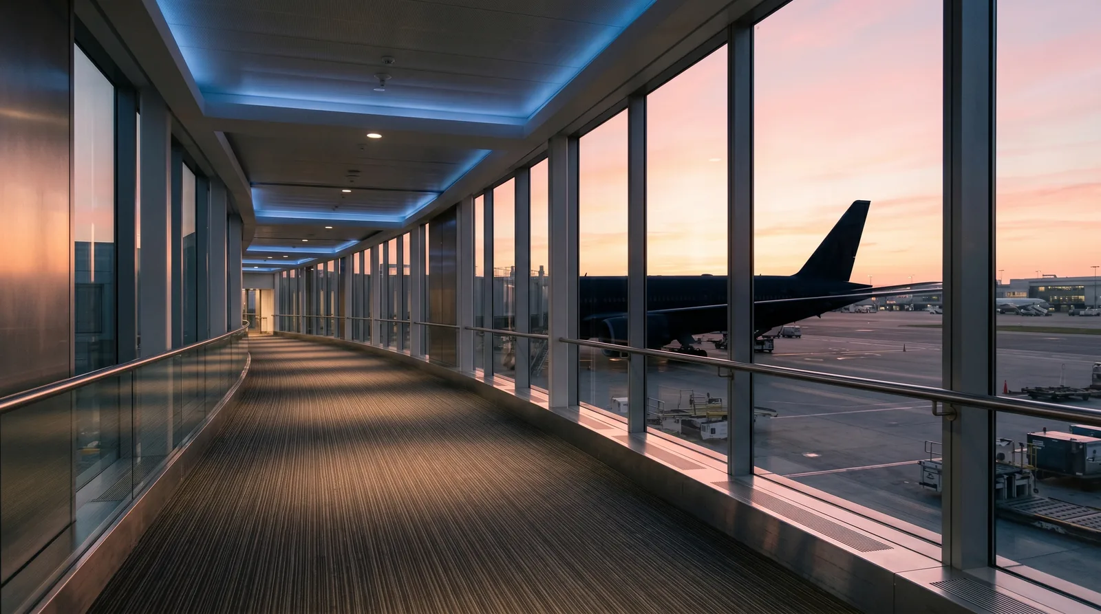 Passerelle d'aéroport vide à l'aube, lumière rose et or, silhouette d'un long-courrier