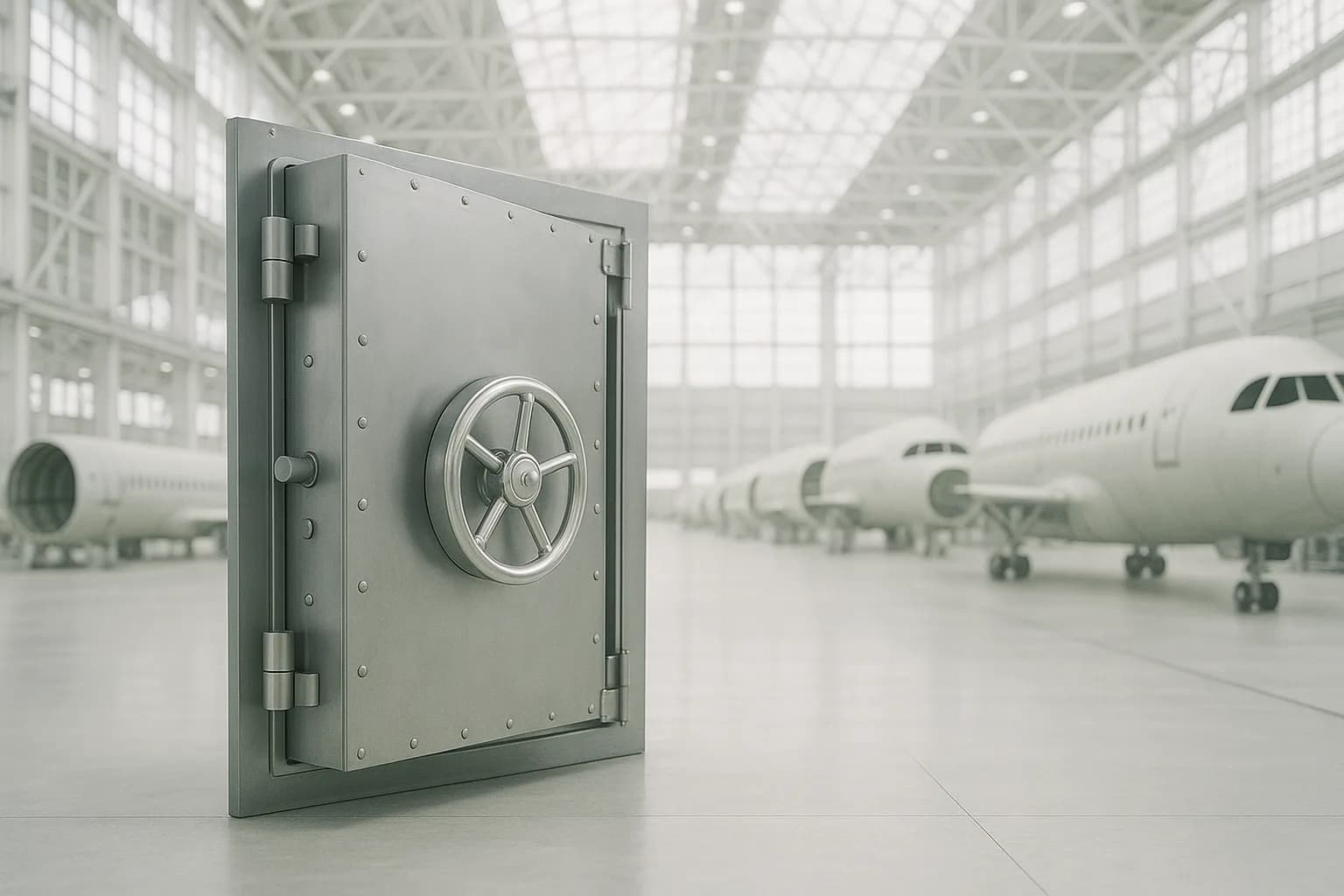 Lourde porte blindée de chambre forte ouverte au milieu d'un immense hall d'assemblage aéronautique à l'aube, tronçons de fuselage alignés en arrière-plan, le volant de verrouillage accrochant la lumière froide du matin
