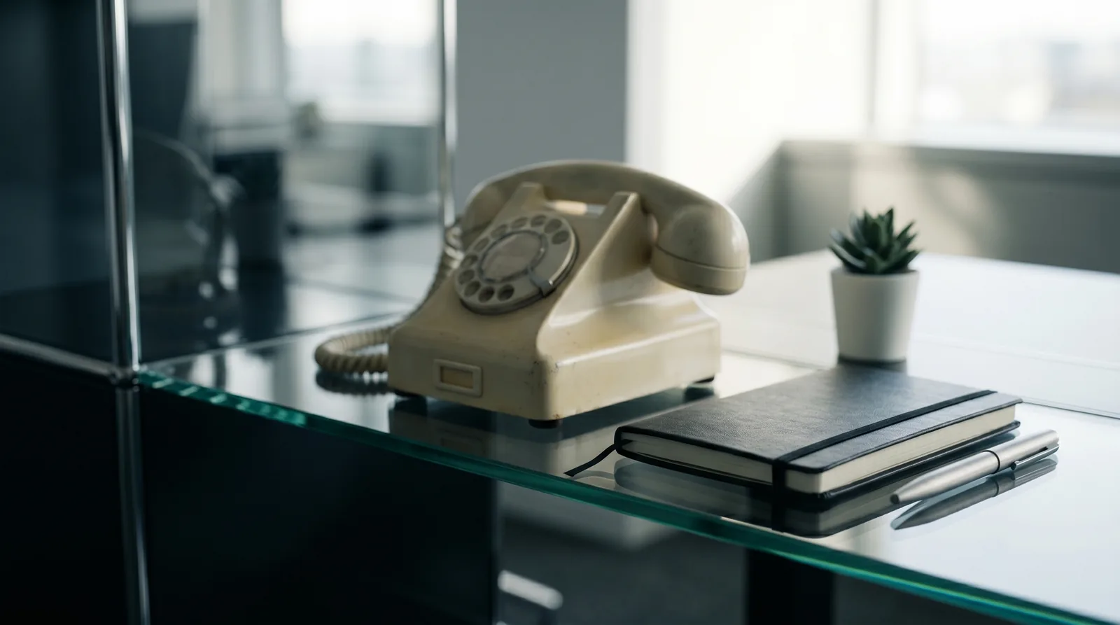 Téléphone vintage en bakélite crème posé sur une étagère propre dans un décor de bureau anglo-saxon minimal, métaphore visuelle d'une French Tech dont la francité s'efface au profit de codes globaux indifférenciés