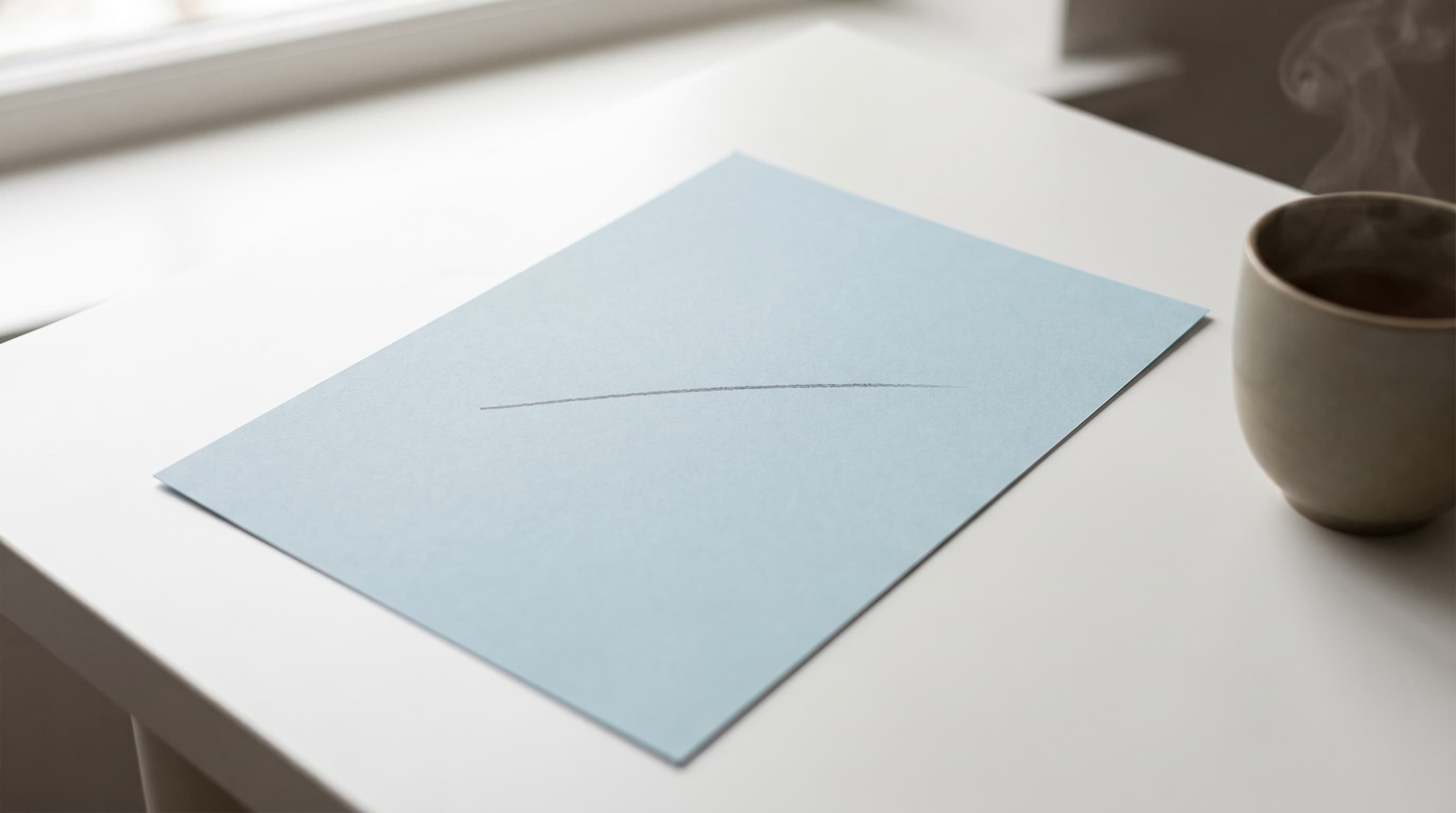 Feuille de papier bleu pâle avec un trait au crayon, tasse de céramique en arrière-plan, métaphore visuelle de l'assurance santé épurée comme un logiciel