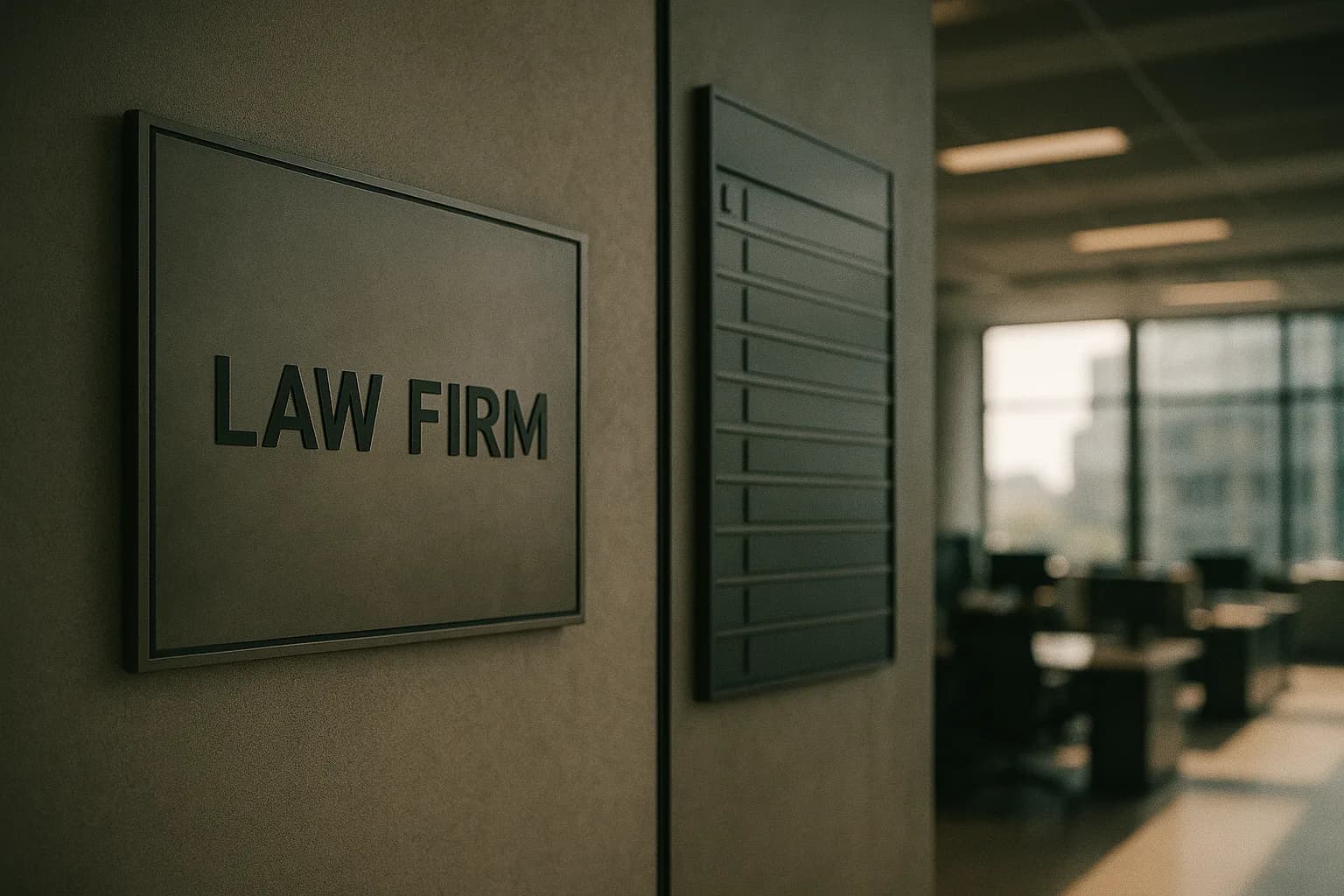 Cabinet d’avocats mis en scène comme un siège d’entreprise moderne, plaque professionnelle sobre voisinant avec un tableau d’indicateurs, lumière d’open space en plein jour, métaphore du cabinet qui s’assume comme une entreprise et revendique sa marque.