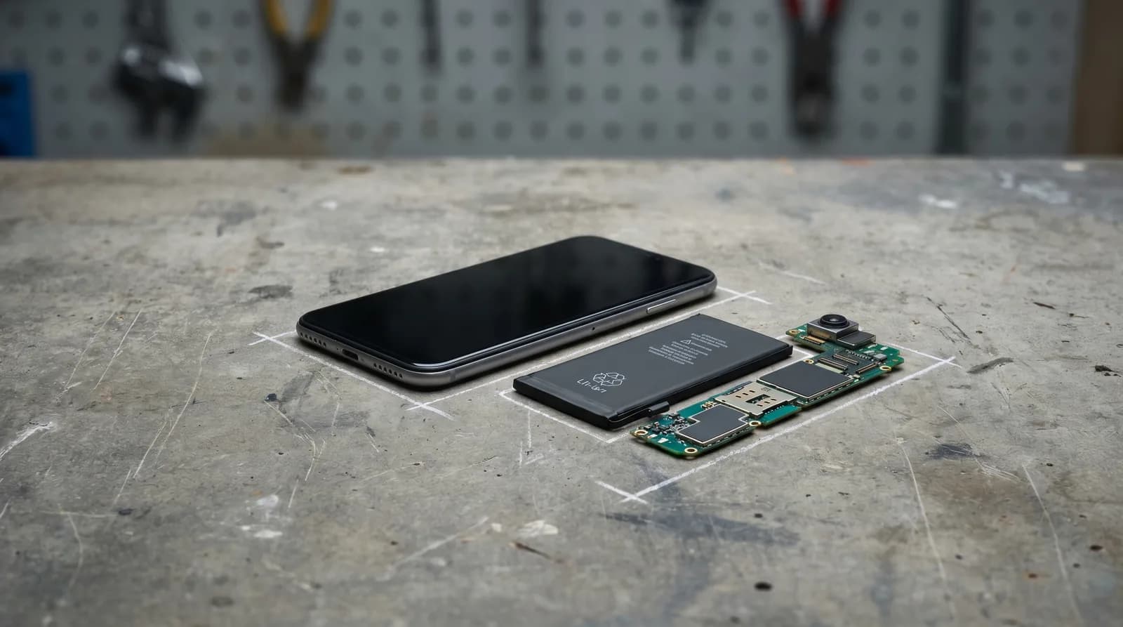 Smartphone parfaitement assemblé avec contours en craie marquant ses composants sur un établi gris
