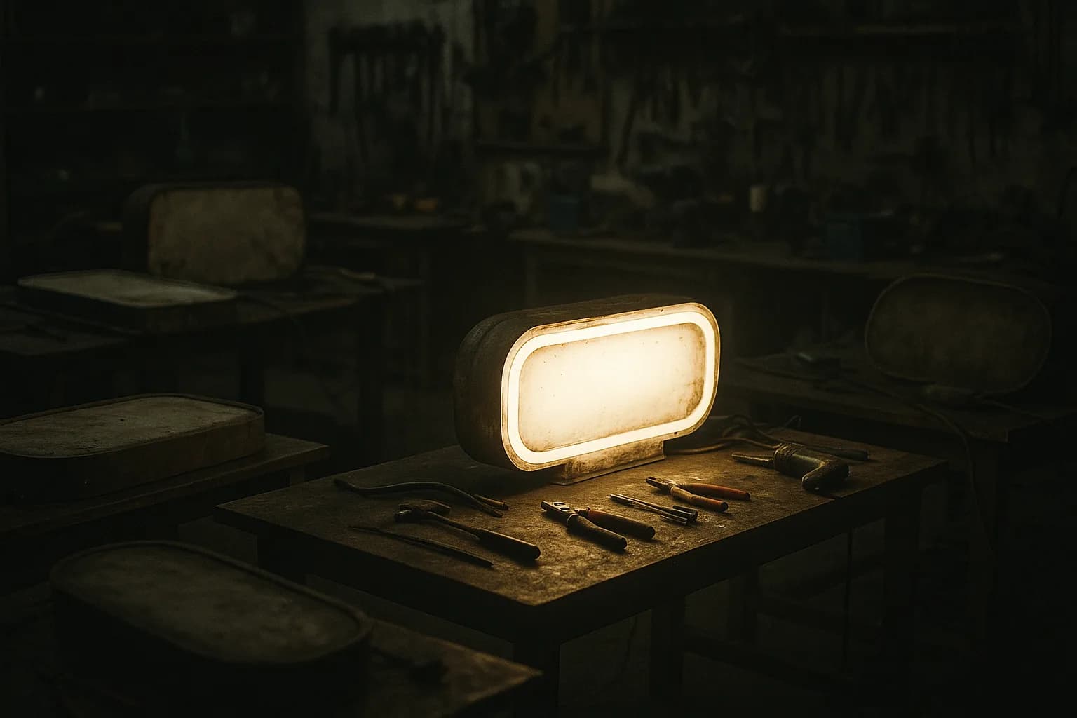Atelier de restauration d'enseignes lumineuses la nuit, plusieurs enseignes anonymes en cours de réparation sur des établis, une seule rallumée qui éclaire la pièce, métaphore du repreneur qui remet du courant dans des signes éteints