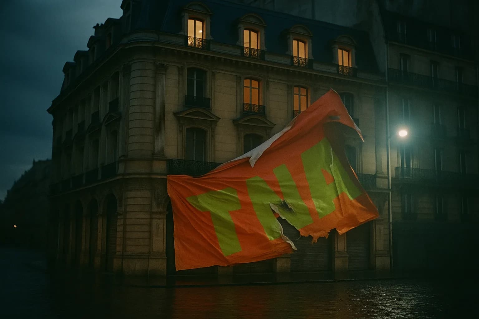 Façade de grand magasin haussmannien dont le rez-de-chaussée est recouvert d'une bâche publicitaire criarde à moitié décollée, lumière de fin de journée, métaphore visuelle d'une équité patrimoniale louée au plus offrant