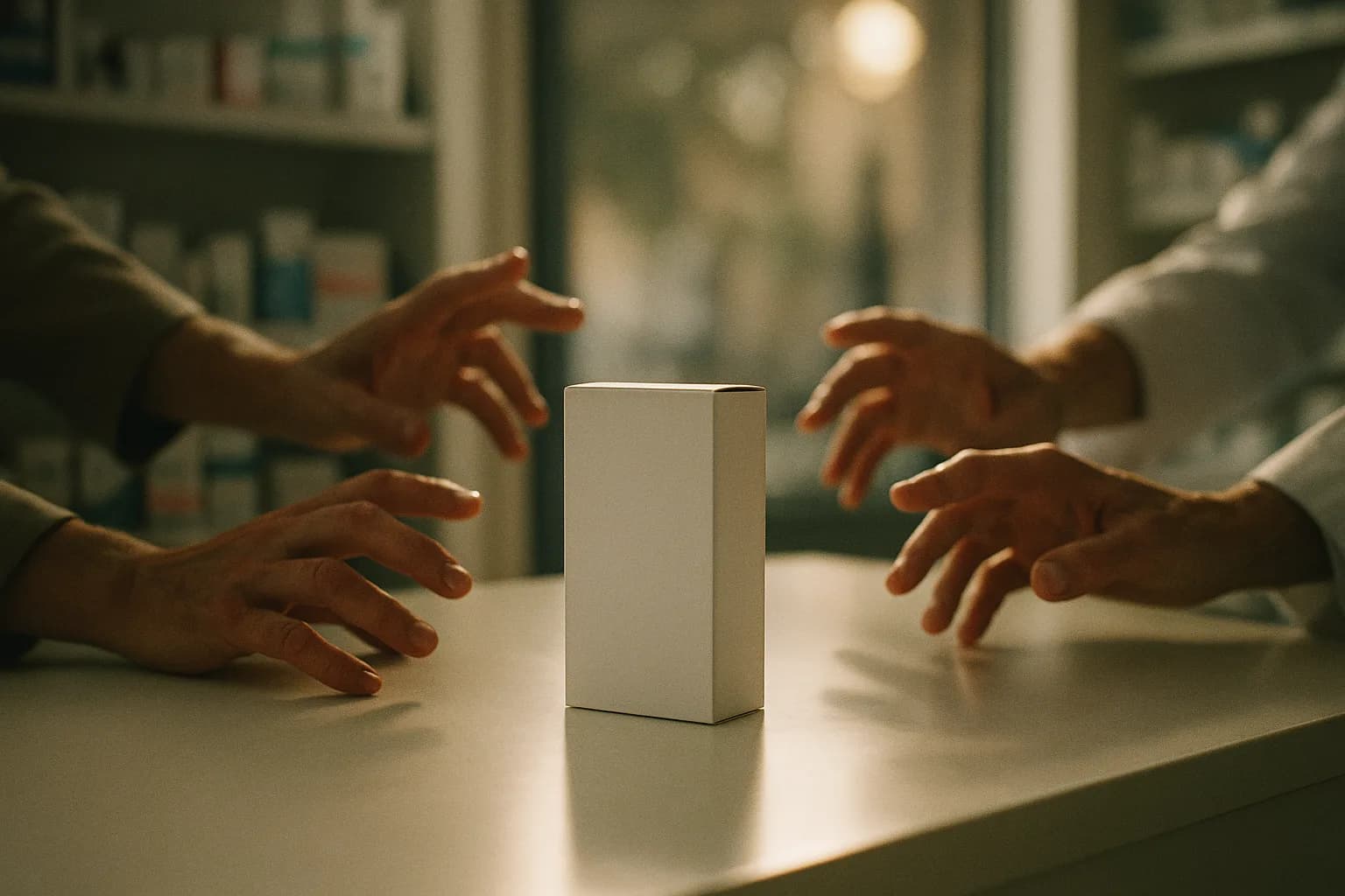 Boîte de médicament volontairement anonyme, sans nom ni couleur, posée seule sur un comptoir de pharmacie lumineux, autour de laquelle plusieurs mains se tendent avec confiance, métaphore du produit sans marque devenu marque par la confiance du comptoir