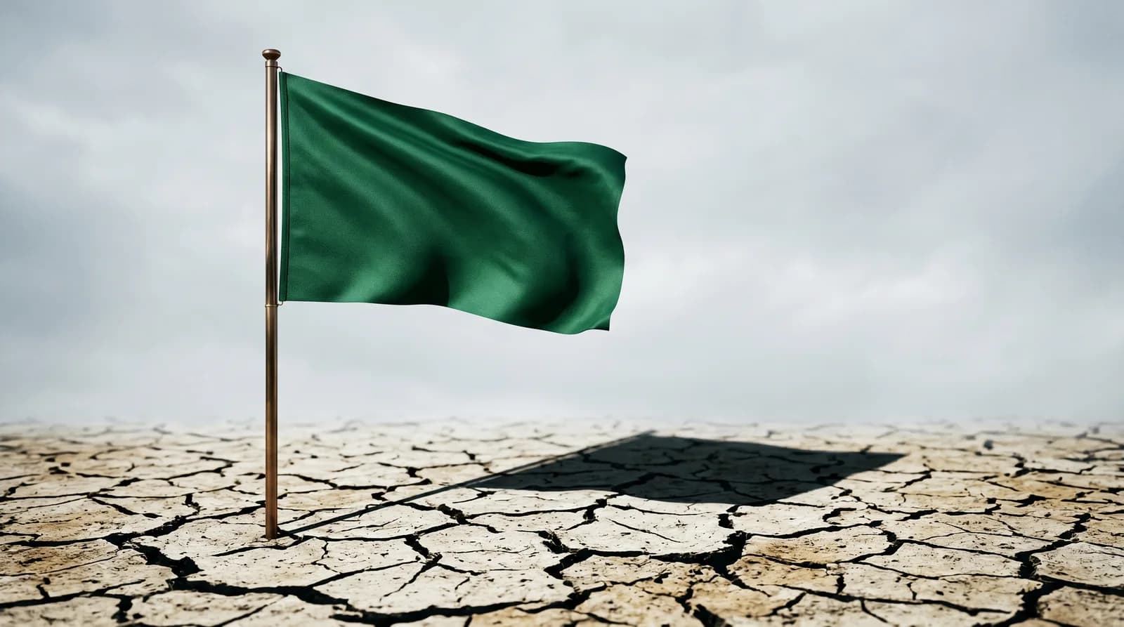 Drapeau vert émeraude flottant fièrement à un mât poli, projetant son ombre sur un sol craquelé fissuré par la chaleur