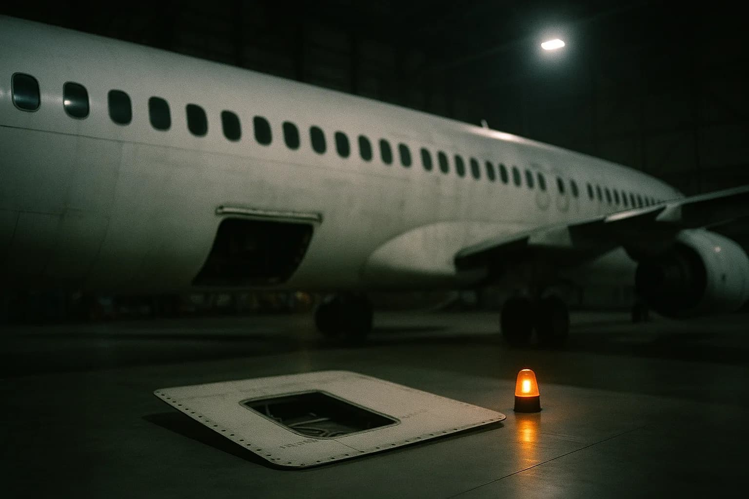 Fuselage d'avion de ligne sous les lampes d'un vaste hangar sombre, un panneau rectangulaire de fuselage visiblement détaché posé au sol, un voyant d'alerte ambre allumé, métaphore d'une marque de fiabilité fissurée par un défaut d'exécution