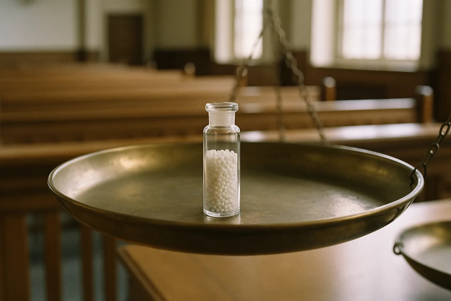 Un petit tube de granules en verre transparent posé seul au centre d'un grand plateau de balance vide dans une salle d'audience claire et déserte, lumière du jour latérale, métaphore d'une marque dont la catégorie est jugée par un tiers