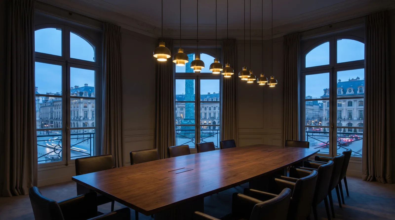 Salle de conseil haussmannienne vide au crépuscule, table en bois sombre, fauteuils en cuir, vue floue sur la Place Vendôme