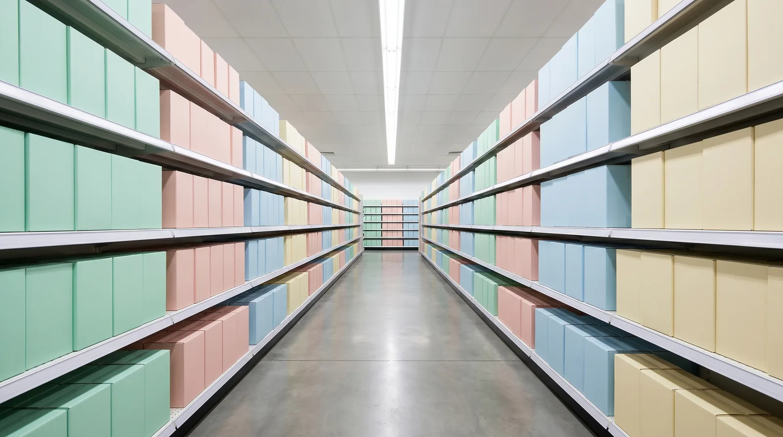 Allée d'hypermarché parfaitement rangée aux produits anonymes en couleurs pastel, métaphore visuelle de la rigueur d'architecture de marque