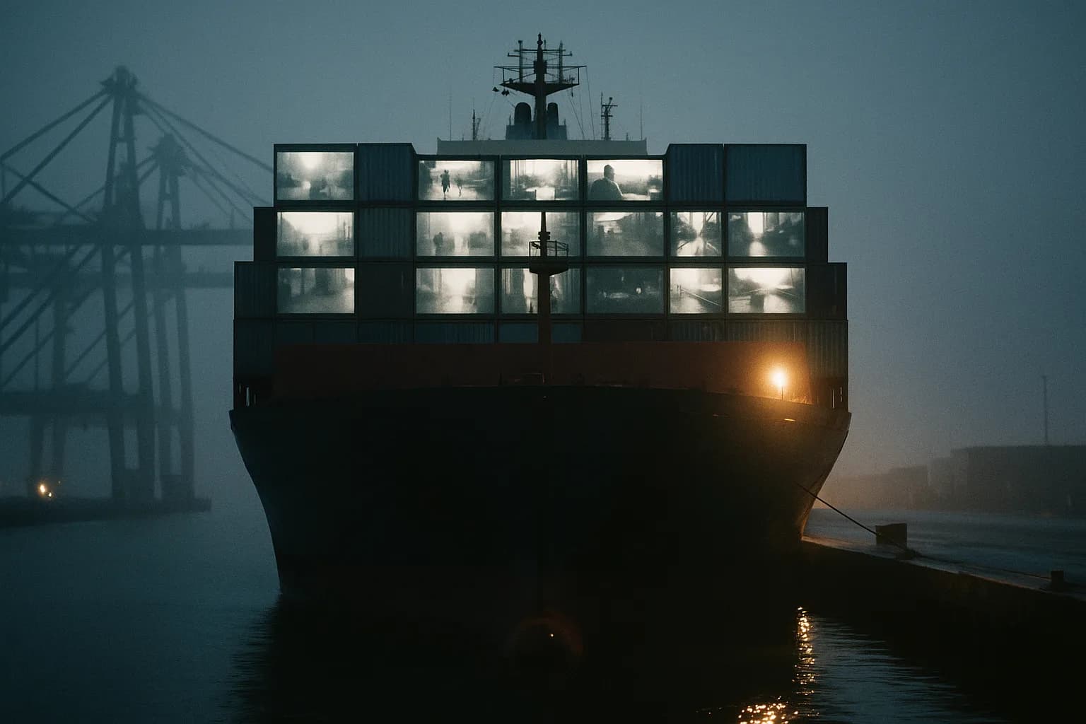 Porte-conteneurs vu de face à quai au petit matin, ses conteneurs empilés remplacés dans les rangées supérieures par des écrans de studio allumés diffusant des images muettes, lumière bleutée d'aube portuaire, métaphore d'un transporteur qui achemine aussi de l'attention