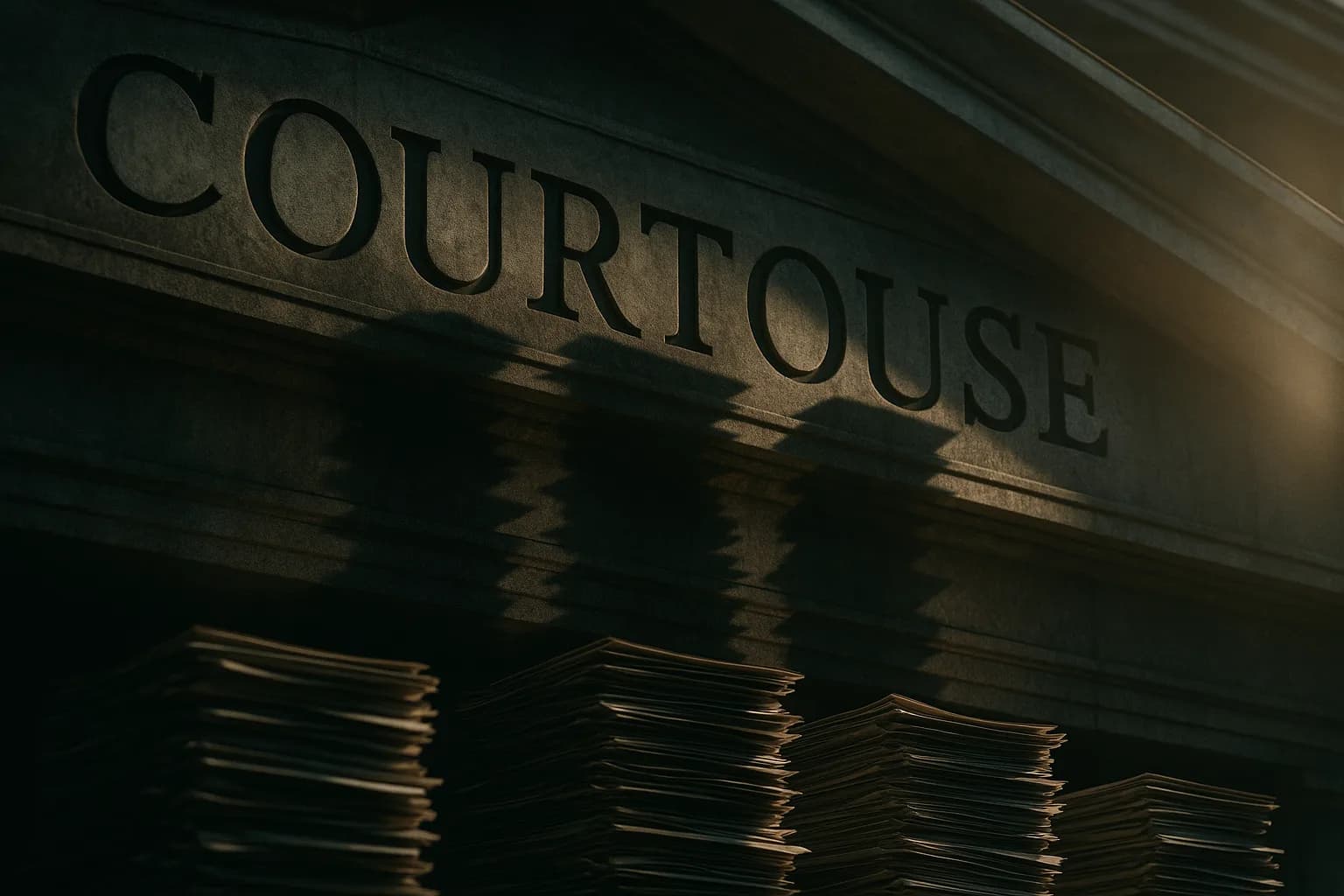 Mot unique gravé en capitales sur le fronton d’un palais de justice, dont l’ombre portée dessine des liasses de documents empilés, métaphore d’un nom qui capture une catégorie entière tout en portant l’ombre de ses méthodes.