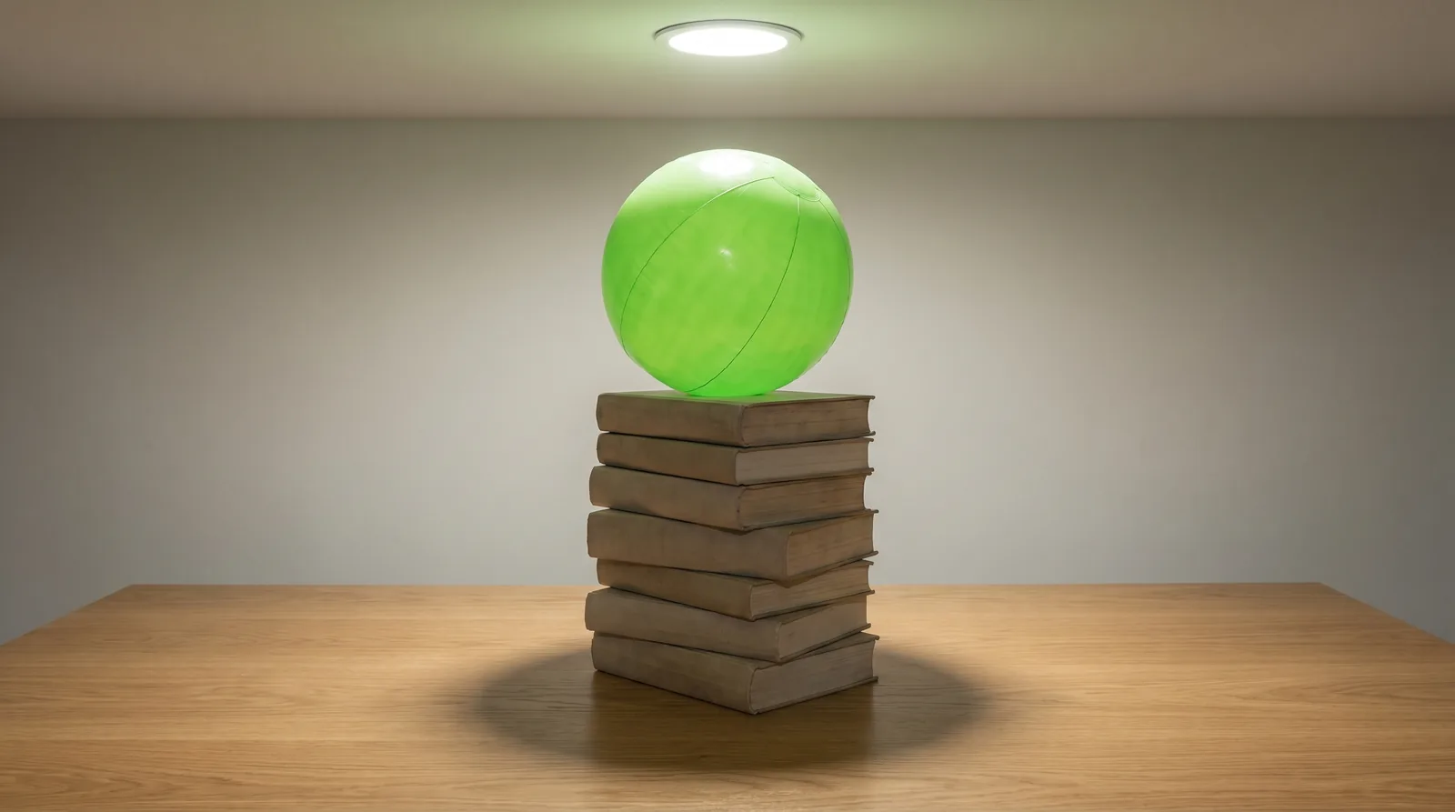 Ballon vert vif en équilibre sur une pile de gros livres reliés
