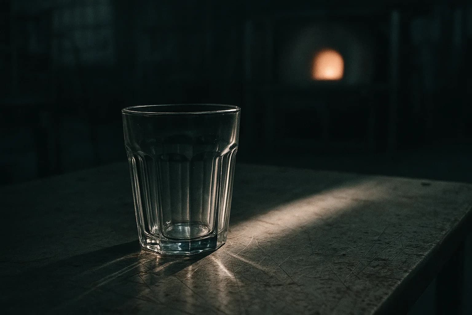 Verre à facettes vide posé au centre d'un établi d'usine, traversé par un rayon de lumière qui projette des reflets sur le métal froid, four éteint en arrière-plan flou