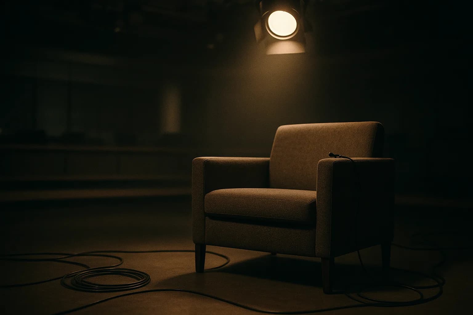 Plateau de télévision vide après l'émission, un seul fauteuil sous les projecteurs encore allumés, micro-cravate abandonné sur l'accoudoir, métaphore visuelle de la voix unique que personne ne peut remplacer au pied levé