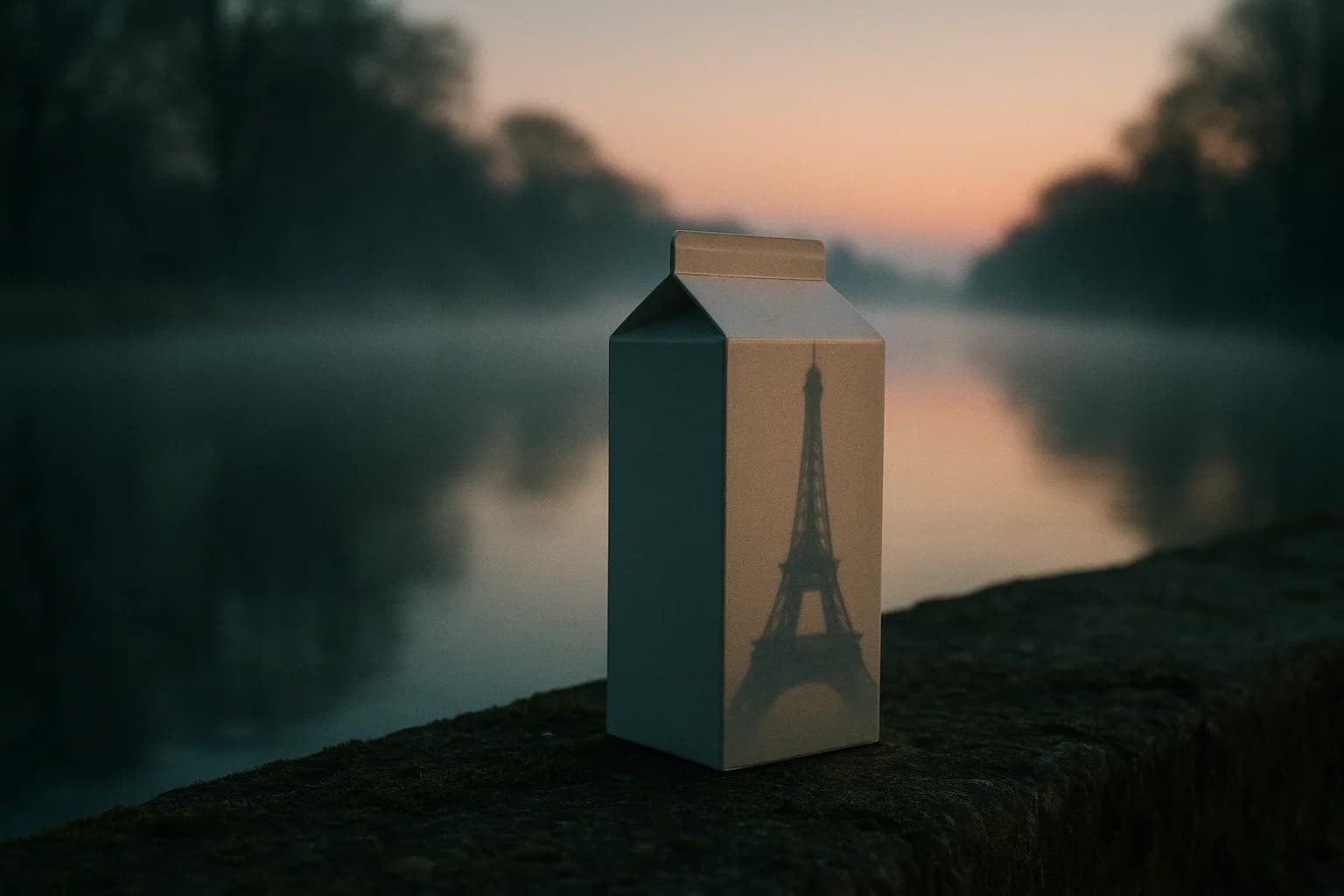 Brique de crème blanche anonyme au bord d'une rivière normande au petit matin brumeux, l'ombre portée d'une tour de fer parisienne projetée sur sa face, métaphore d'une marque-rivière qui emprunte le symbole du pays pour voyager