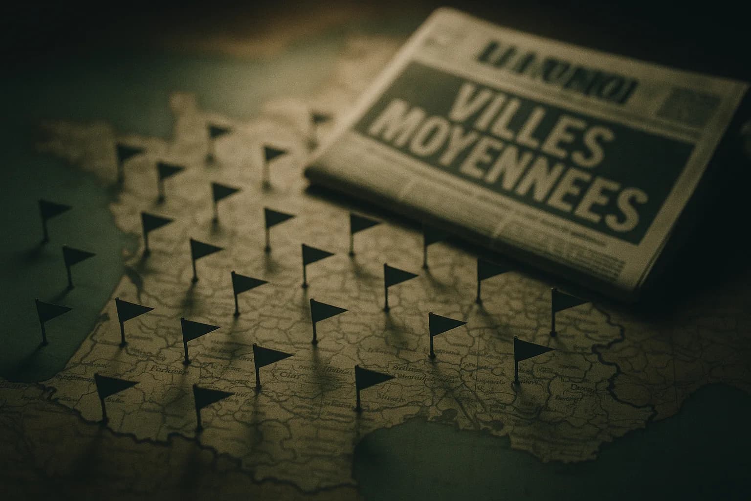 Carte de France constellée de dizaines de fanions identiques plantés dans des villes moyennes, posée sous une une de journal national dont la manchette ne cite aucun de ces lieux, métaphore de la couverture totale du territoire sans présence dans le récit.