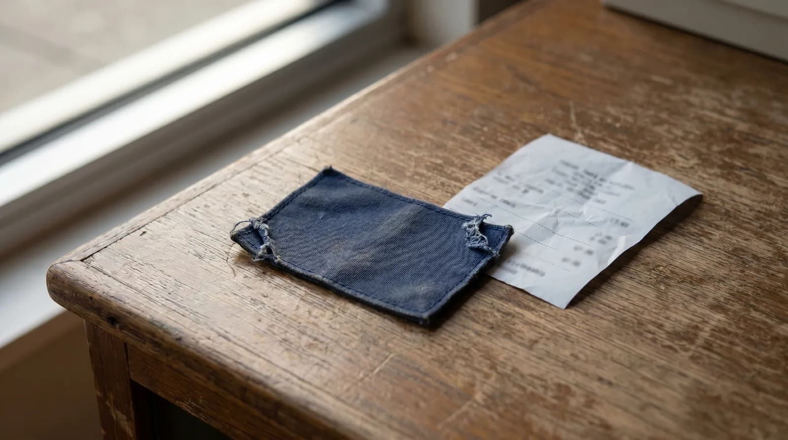 Patch en tissu bleu marine légèrement déchiré sur comptoir en bois usé, métaphore visuelle de l'équité de marque arrachée puis recousue