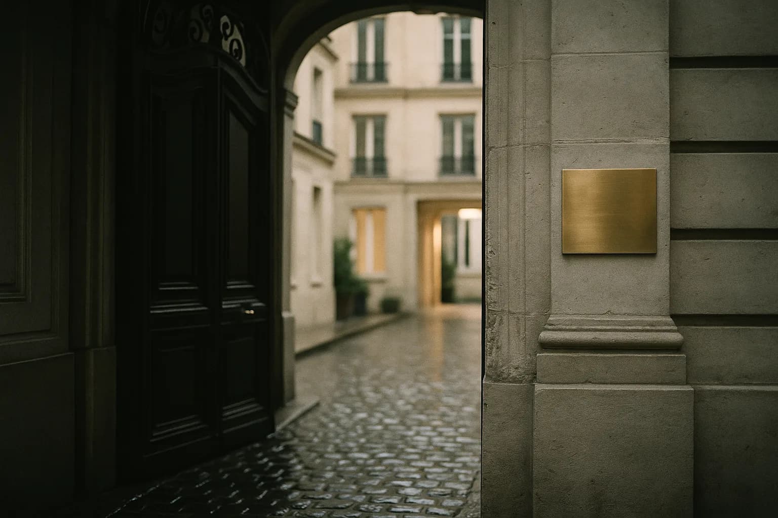 Porte cochère haussmannienne monumentale rouverte sur une cour intérieure rénovée et lumineuse, plaque de laiton neuve ne portant qu'un seul mot gravé, métaphore du nom de fondateur devenu maison