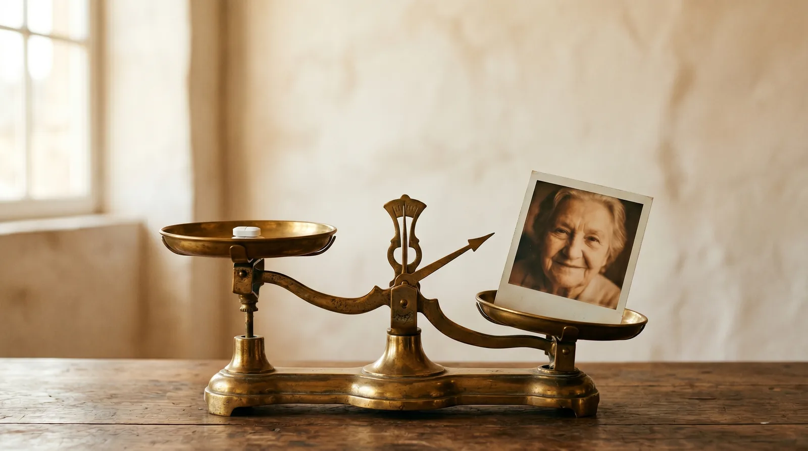 Balance Roberval en laiton avec d'un côté un cachet pharmaceutique générique et de l'autre une photographie Polaroïd d'un visage humain qui fait pencher la balance, métaphore visuelle d'une communication officinale qui valorise le pharmacien par le patient
