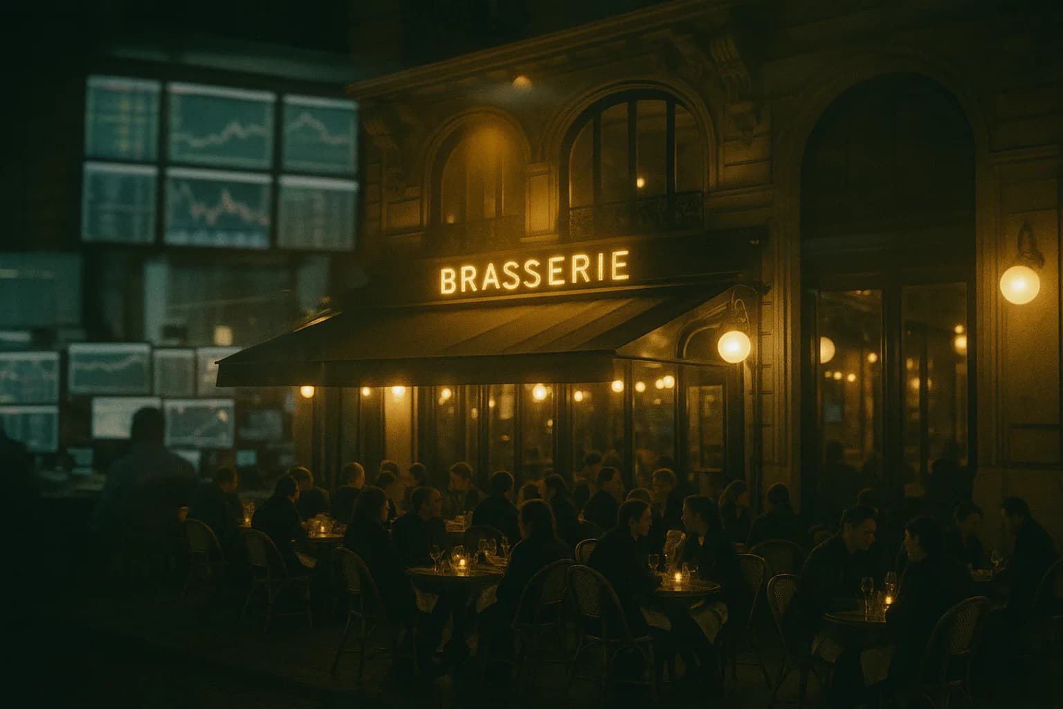 Façade de brasserie parisienne somptueuse la nuit, dorures et terrasse pleine, et dans le reflet de la vitre une salle de marché financière, métaphore du restaurant qui appartient d'abord à sa dette