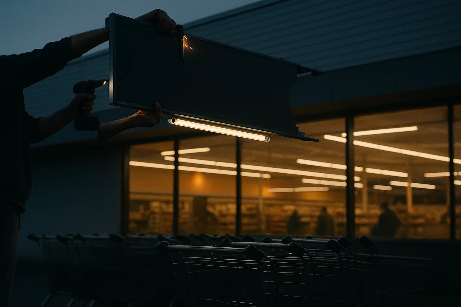 Enseigne de supermarché en cours de dévissage et de descente d'une façade au crépuscule, une lettre déjà retirée, chariots vides au premier plan, lueur intérieure chaude déclinante, métaphore d'une marque démantelée par la dette