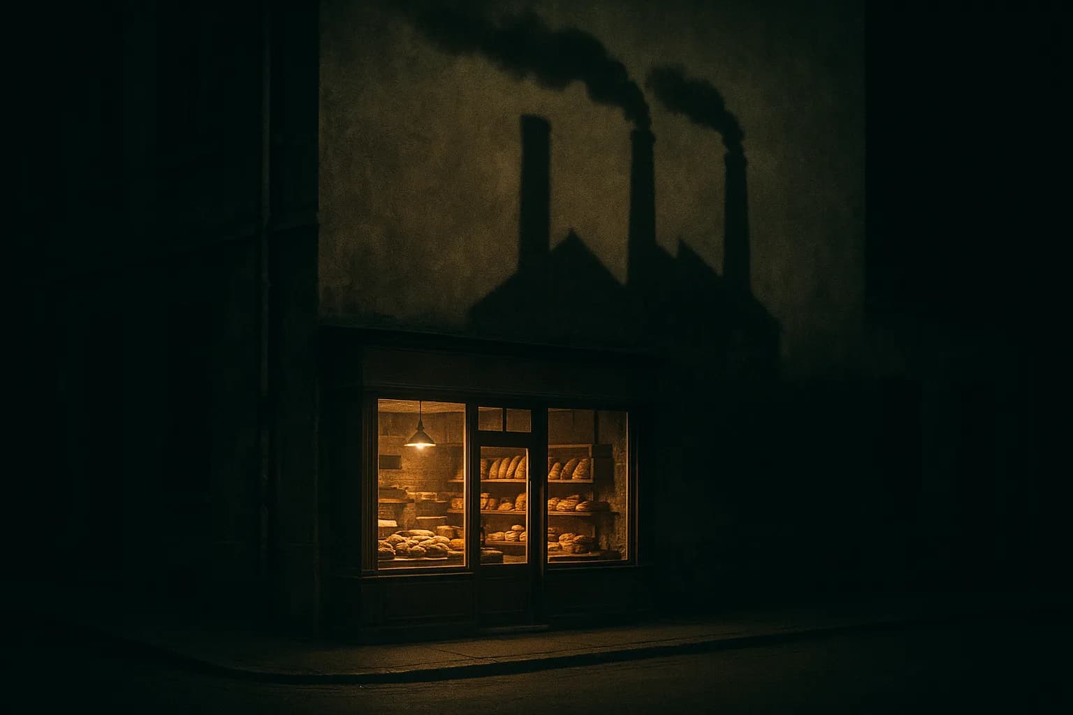 Petite vitrine de boulangerie illuminée la nuit projetant sur le mur derrière elle l'ombre portée gigantesque d'une usine, métaphore d'une marque industrielle invisible qui finance les enseignes connues