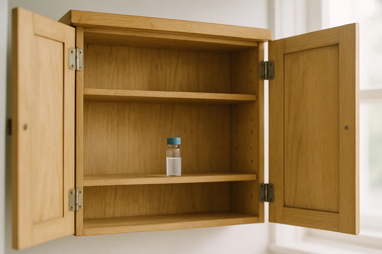 Une armoire à pharmacie familiale en bois clair vidée de ses boîtes, une seule fiole de laboratoire moderne posée sur l'étagère du milieu dans une lumière de jour, métaphore d'un laboratoire qui a cédé ses produits familiers pour ne garder que la spécialité