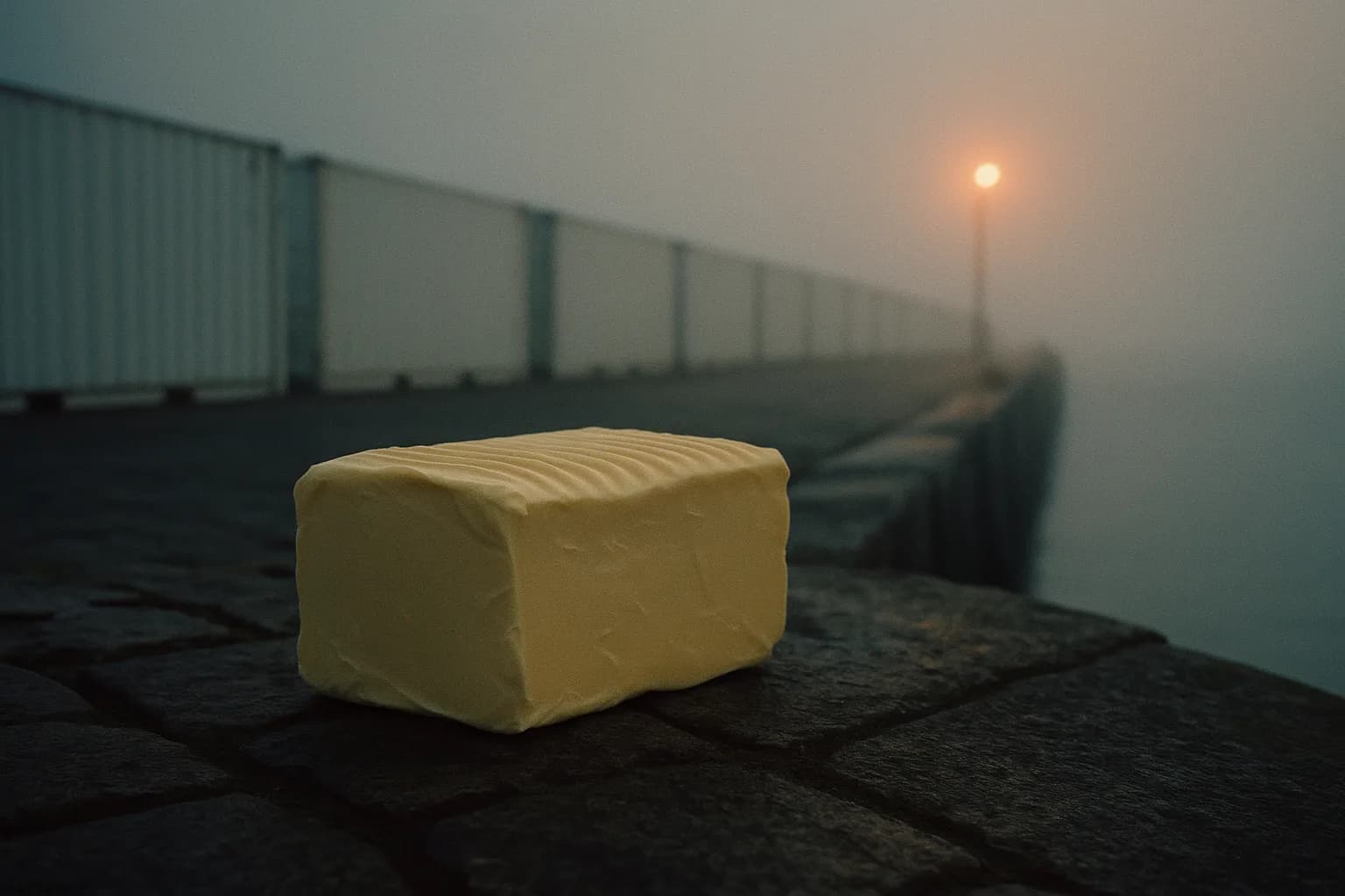 Motte de beurre sculptée posée sur un quai de port normand au petit matin, alignement de conteneurs blancs parfaitement anonymes partant vers le large derrière elle, métaphore de la marque visible qui finance et de l'anonyme qui pèse