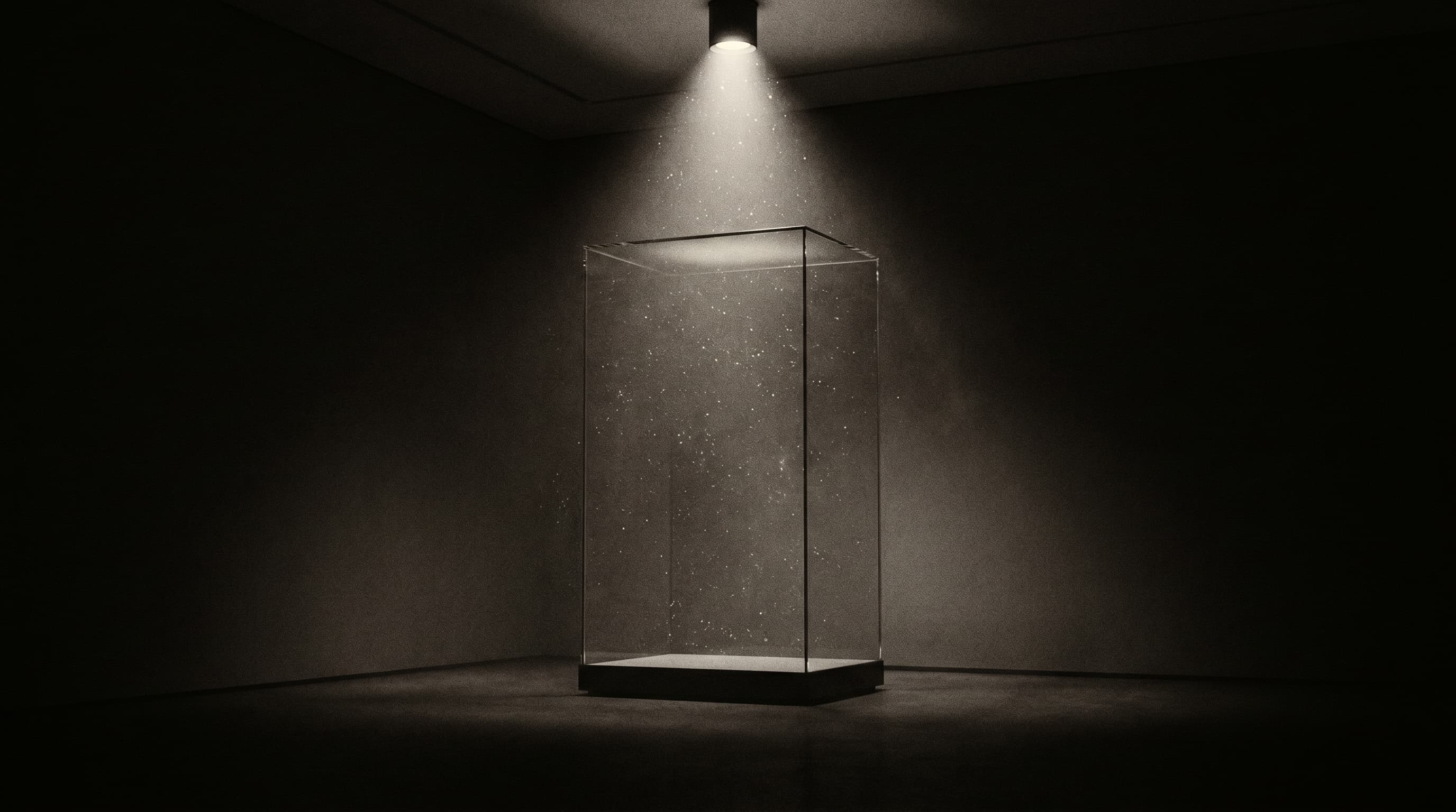 Vitrine de musée vide éclairée par un seul spot, métaphore visuelle du rebrand qui a oublié son produit