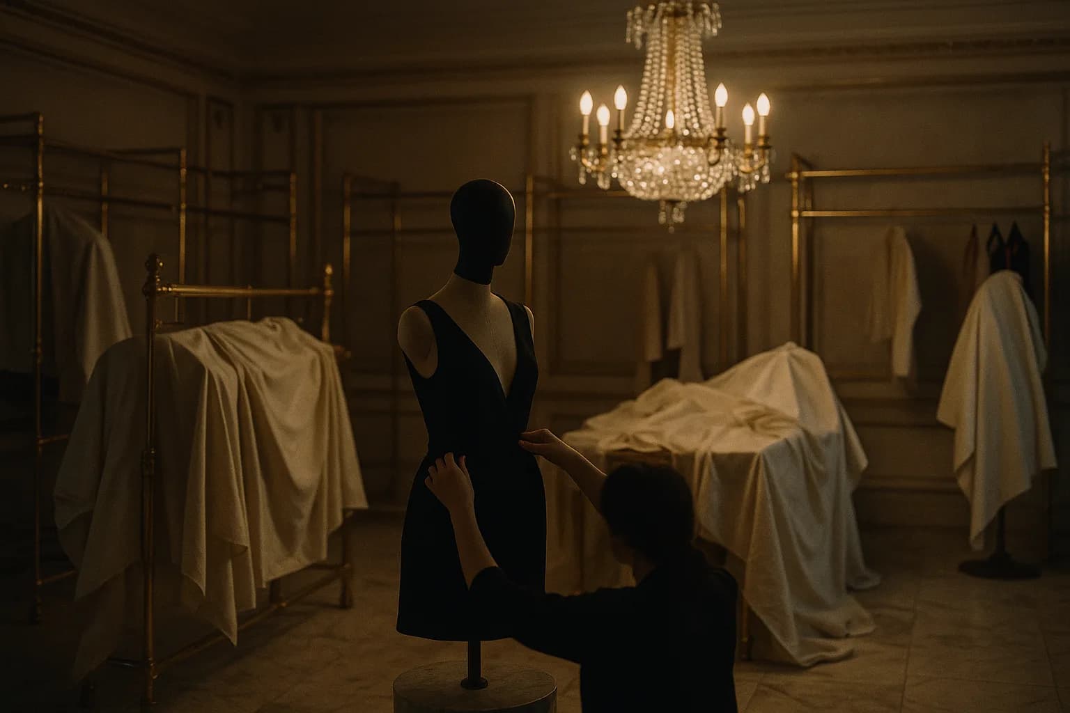 Intérieur d'une boutique de luxe opulente à demi démontée, dorures sous housses de protection, un mannequin en cours de rhabillage, un lustre encore allumé projetant une lumière chaude sur le marbre, métaphore d'un reset créatif en cours