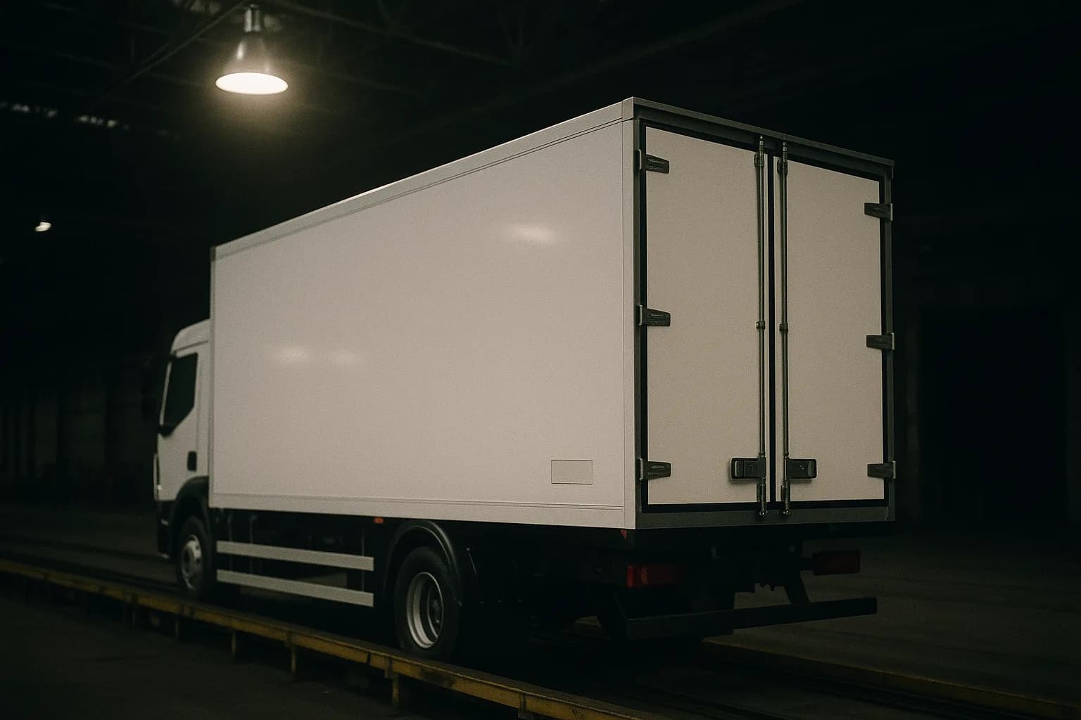 Carrosserie de camion frigorifique blanche neuve sur une ligne d'assemblage dans une vaste halle industrielle, un petit emplacement de plaque laissé vierge sur son flanc, un entrepôt beaucoup plus grand et sombre dominant l'arrière-plan, métaphore d'une marque locale absorbée par une holding nationale