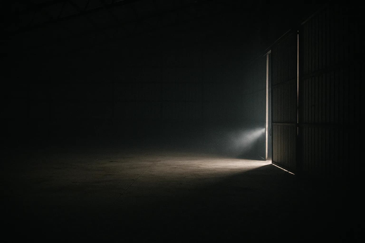 Immense hangar agricole plongé dans la pénombre dont une porte s'entrouvre sur un faisceau de lumière de projecteur, métaphore d'un géant coopératif qui décide de sortir de quarante ans de discrétion