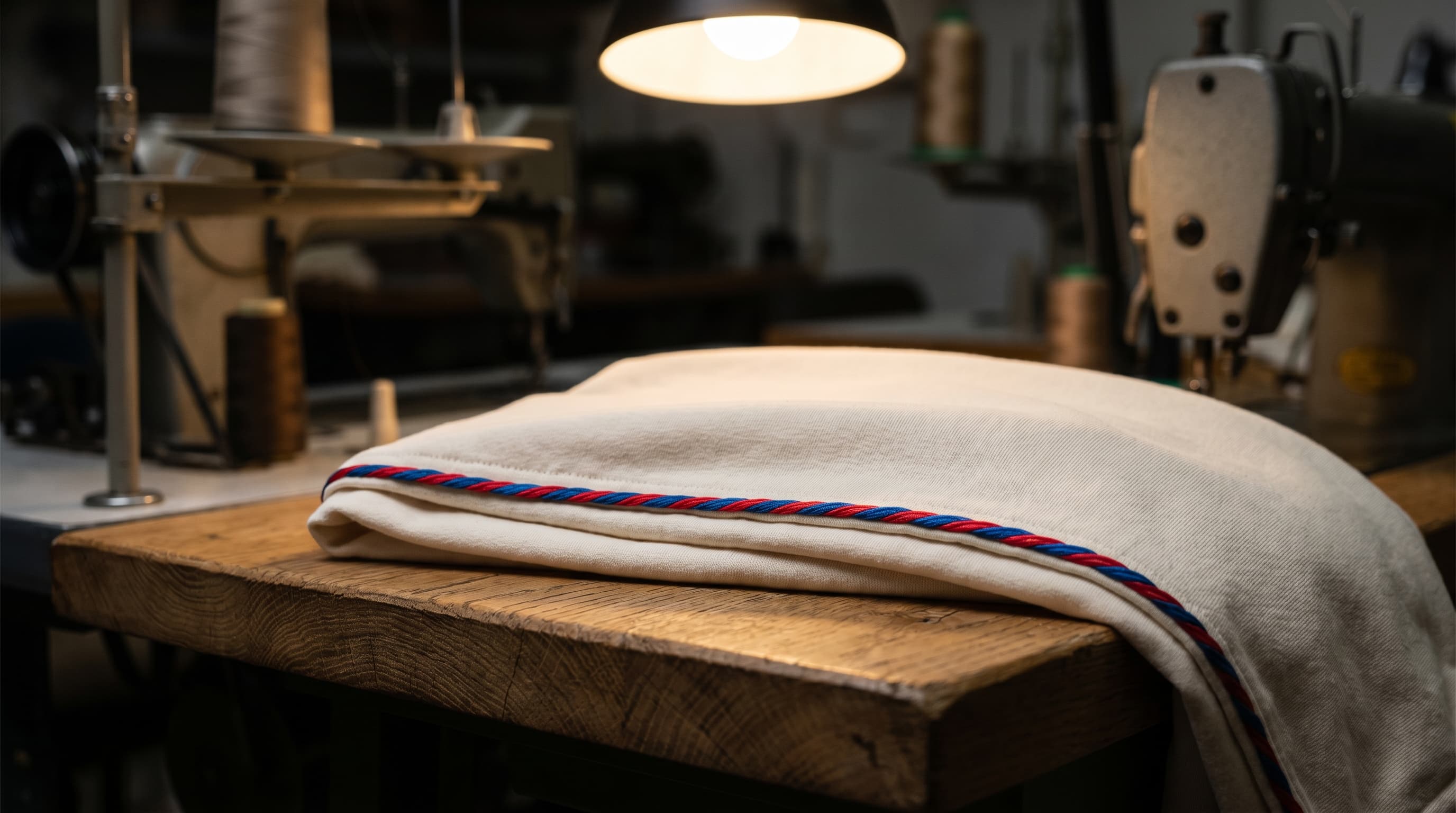 Tissu jersey de coton blanc plié sur un établi en chêne brut avec un ruban bleu-blanc-rouge, métaphore visuelle de la production française vérifiable
