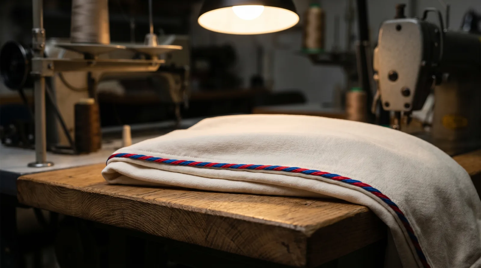 Tissu jersey de coton blanc plié sur un établi en chêne brut avec un ruban bleu-blanc-rouge