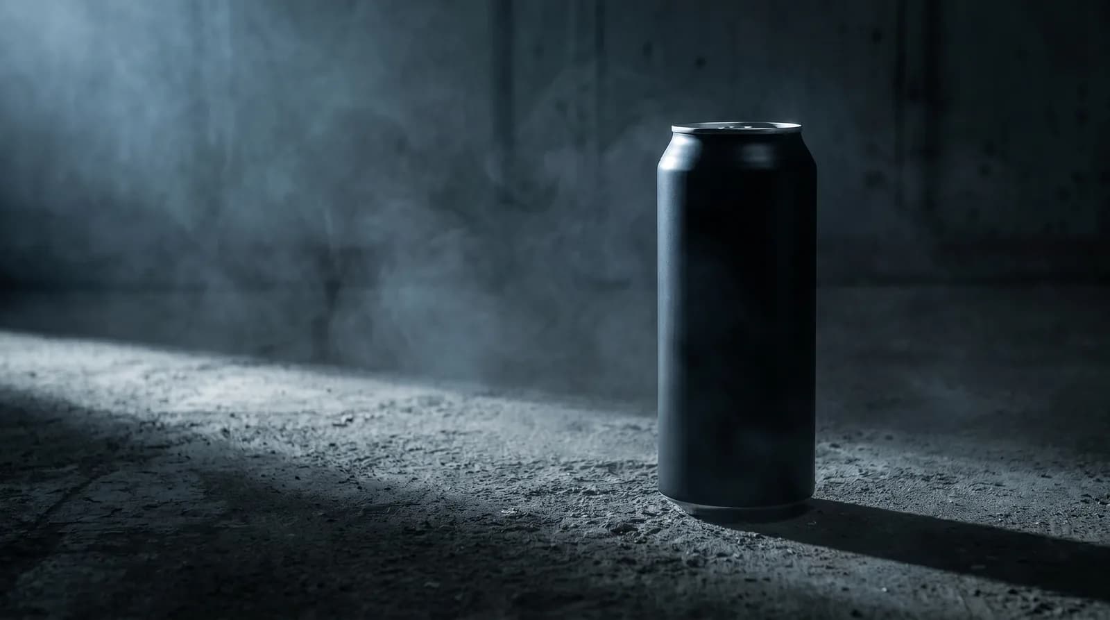 Canette aluminium noire mate isolée sur béton brut éclairée par un spot latéral
