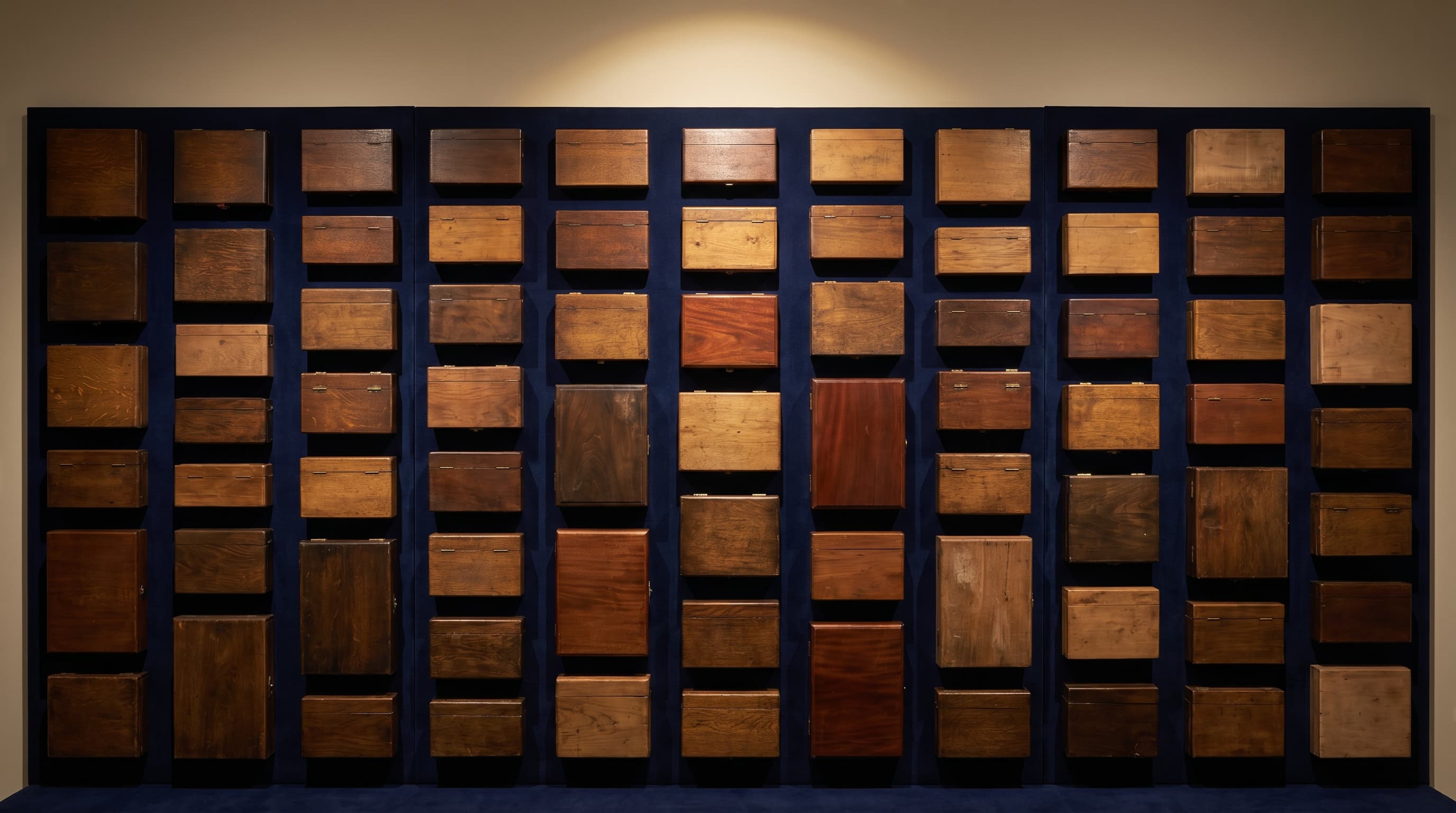 Grille de soixante-quinze écrins en bois sur fond bleu marine velouté, métaphore visuelle du portefeuille de maisons sous marque-mère discrète