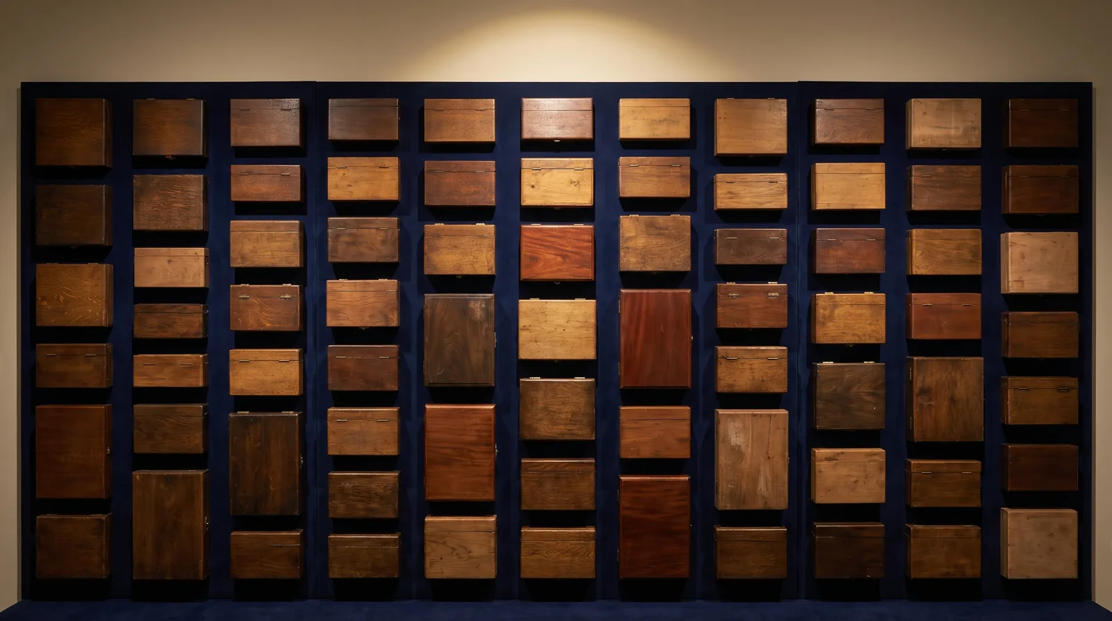 Grille de soixante-quinze écrins en bois sur fond bleu marine velouté, métaphore visuelle du portefeuille de maisons sous marque-mère discrète