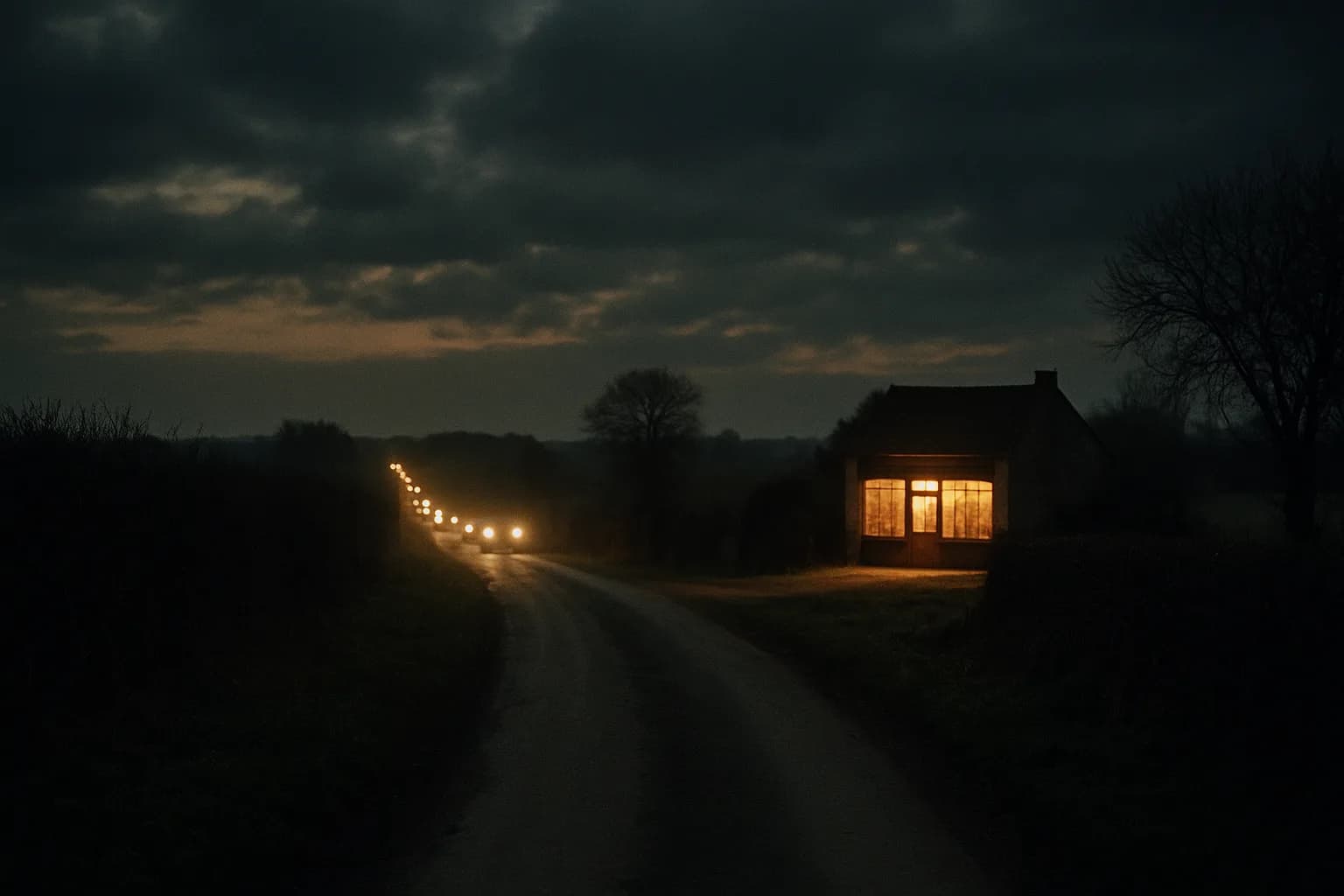 Route de bocage déserte au crépuscule, longue file de phares convergeant vers une unique façade de boutique rétro chaleureusement éclairée, ciel normand dramatique, métaphore de la destination qui inverse la logique du flux