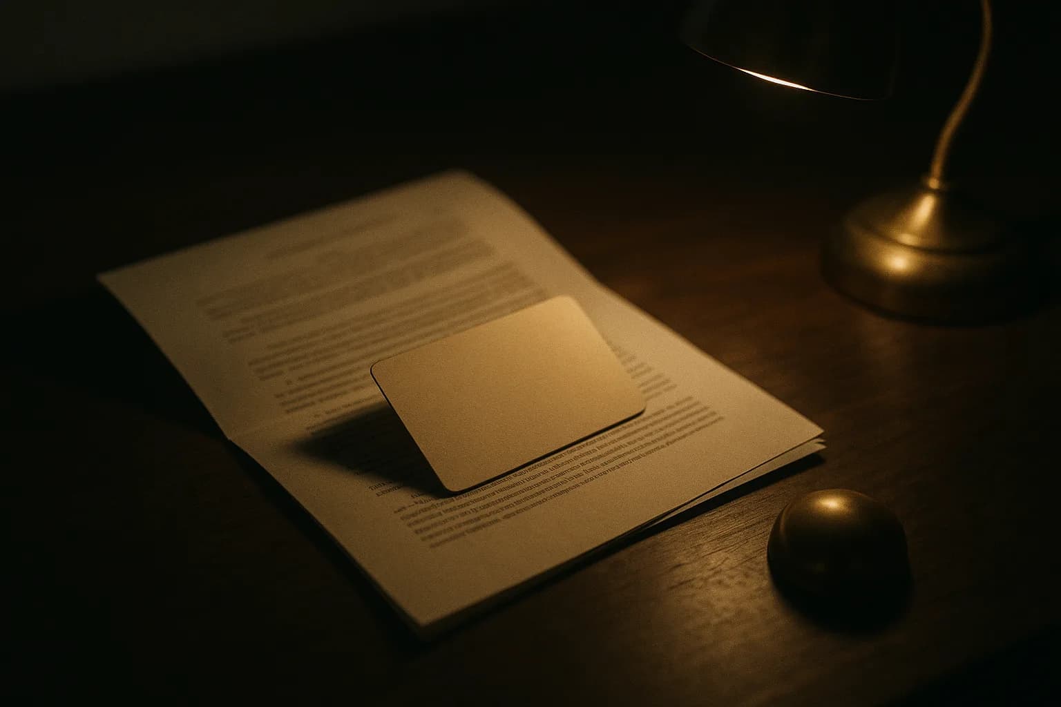Carte de sociétaire posée sur un contrat plié, éclairée de côté par une lampe de bureau chaude comme un titre de propriété notarié, ombres profondes, métaphore d'un verrou de gouvernance où le client est propriétaire