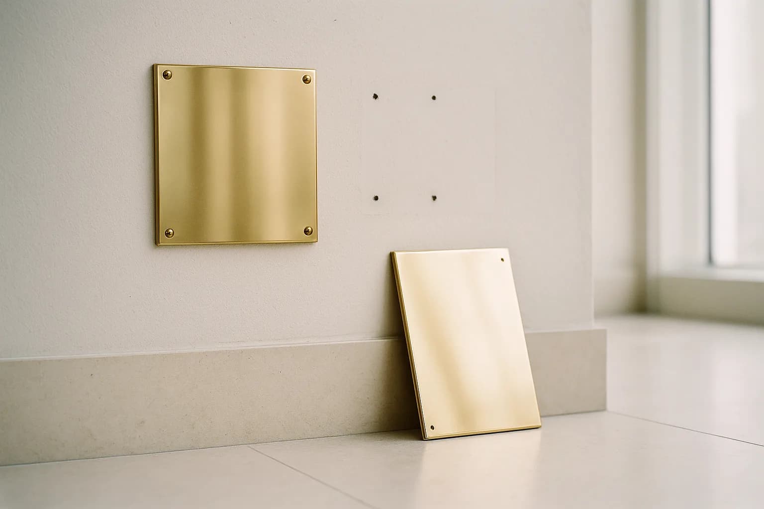 Deux plaques de laiton vierges fixées côte à côte sur le mur clair d'un hall, celle de droite dévissée et posée au pied du mur, laissant quatre trous de vis et une trace plus claire, métaphore d'un nom raccourci à l'usage mais pas entièrement changé