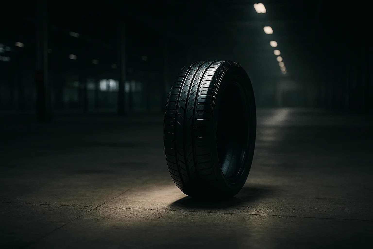Un pneu premium neuf et brillant dressé seul sur le sol de béton d'un vaste hall d'usine sombre, la moitié des plafonniers éteints, un rai de lumière l'isolant, mélancolie industrielle, métaphore d'une marque mondiale au coût social lourd