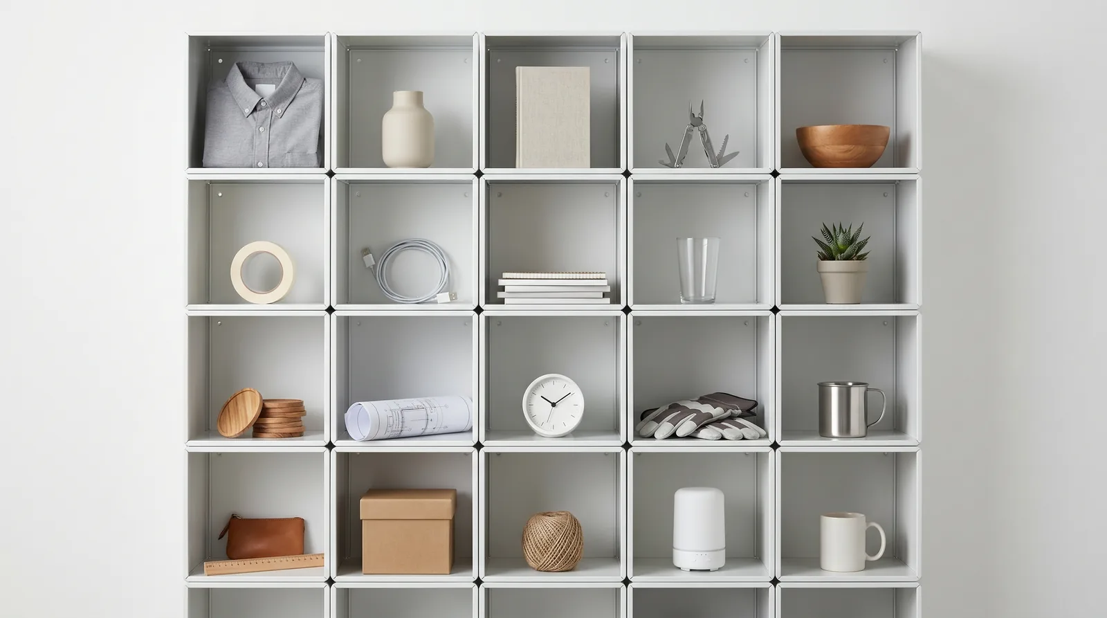 Étagère modulaire en cubes blancs identiques accueillant des produits divers anonymes, métaphore visuelle de la marketplace comme infrastructure neutre