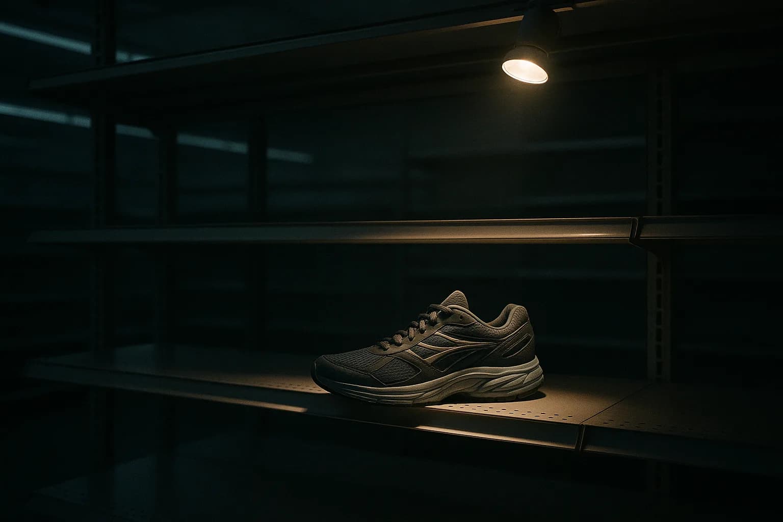 Une chaussure de sport seule sous un projecteur dur sur une étagère de magasin autrement vidée, les autres rayons dégarnis, longues ombres, métaphore d'une marque qui a débranché sa distribution