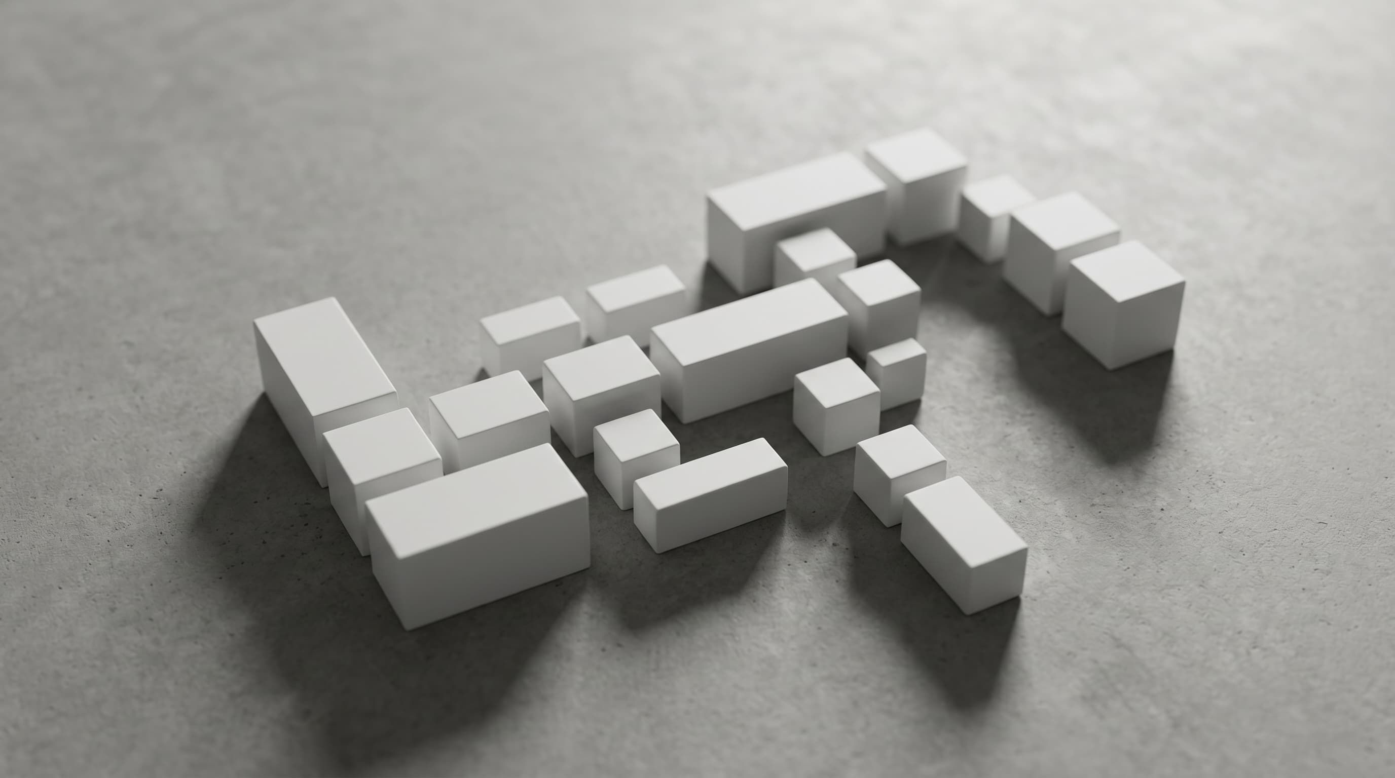 Assemblage minimaliste de petits blocs blancs modulaires sur surface grise béton, métaphore visuelle de la doctrine produit assemblée par l'utilisateur