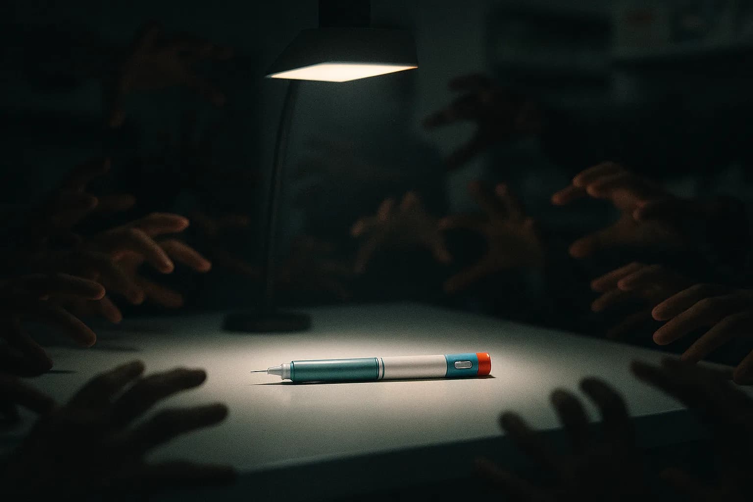 Un stylo d'injection médical posé sur un comptoir de pharmacie éclairé, une multitude de mains floues tendues vers lui depuis l'ombre alentour, lumière clinique et un accent chaud, métaphore d'une catégorie mondiale saturée de demande