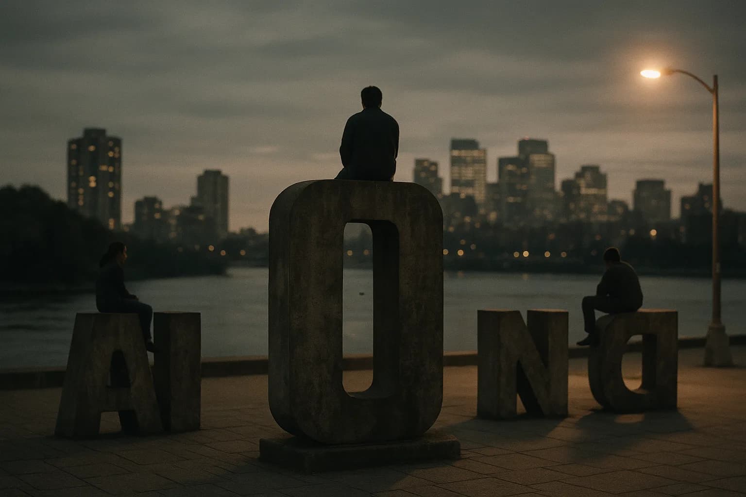 Lettres monumentales anonymes sur une esplanade de confluence au crépuscule, patinées par deux décennies, des habitants assis dessus, métaphore du signe devenu mobilier de la ville