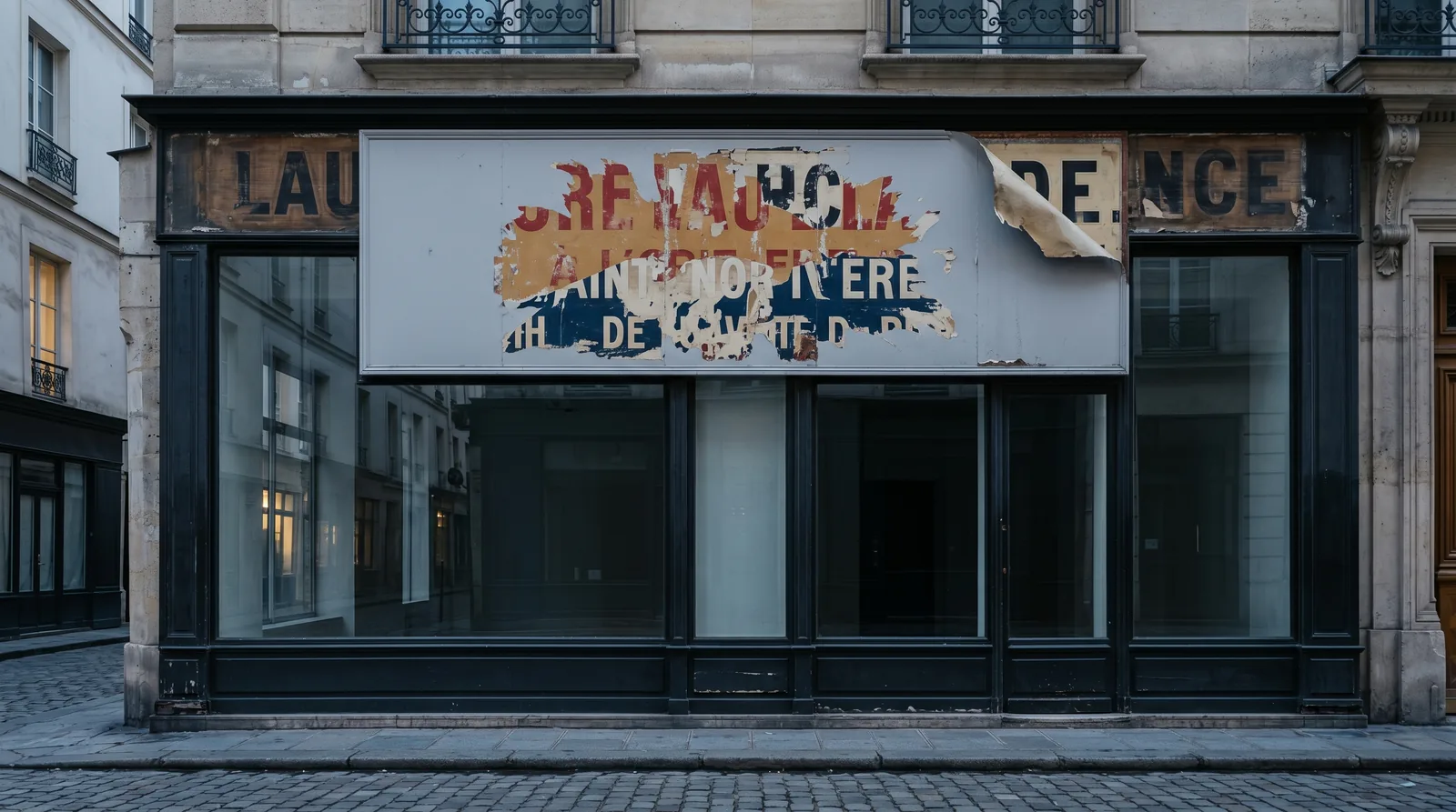 Façade de boutique parisienne dont l'enseigne supérieure laisse apparaître les couches archéologiques de plusieurs identités passées, métaphore visuelle d'une marque devenue un actif financier qui change de propriétaire sans reconstruire son récit