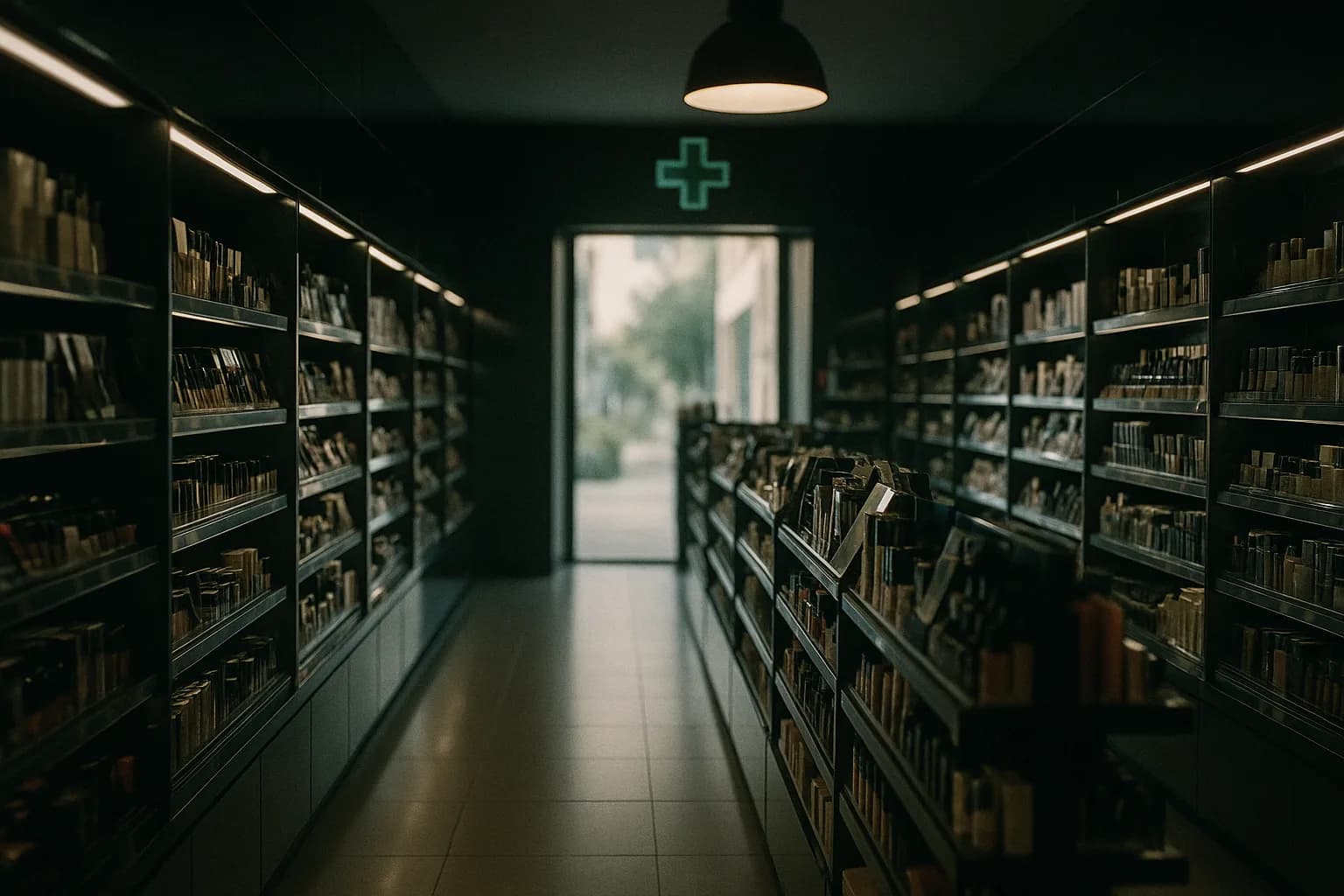 Grand espace de vente lumineux aux rayonnages laqués et allées larges de parfumerie, une discrète croix verte de pharmacie posée au-dessus de l'entrée comme un détail presque oublié, métaphore de l'officine devenue destination de beauté